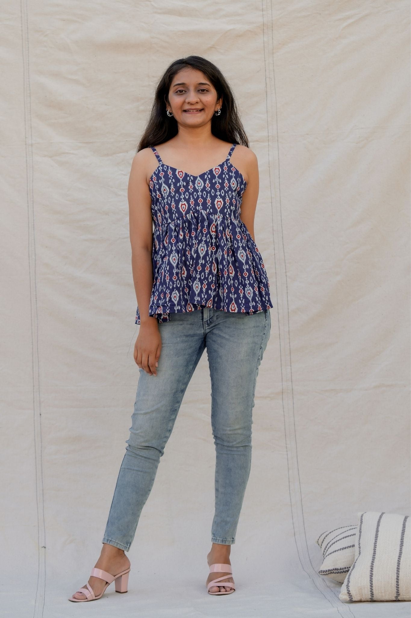 Mirabel Blue Geometry Spaghetti Cotton Top