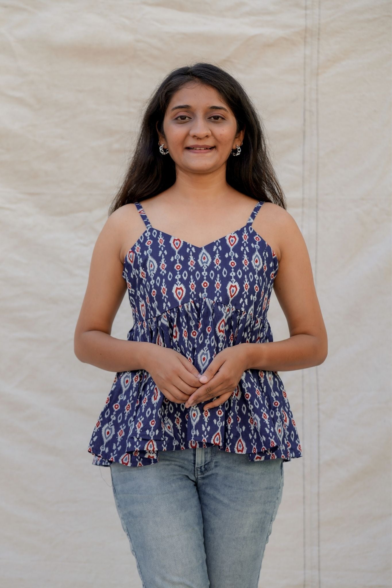 Mirabel Blue Geometry Spaghetti Cotton Top