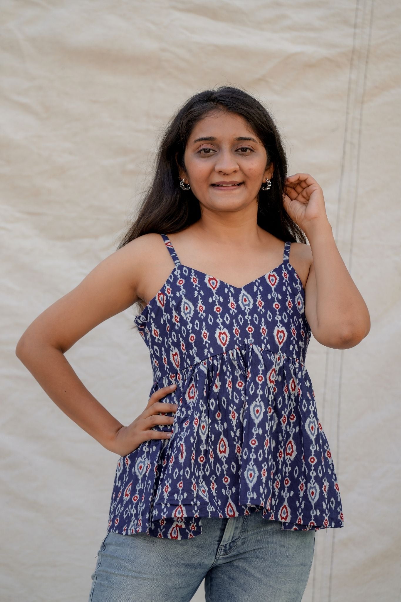 Mirabel Blue Geometry Spaghetti Cotton Top