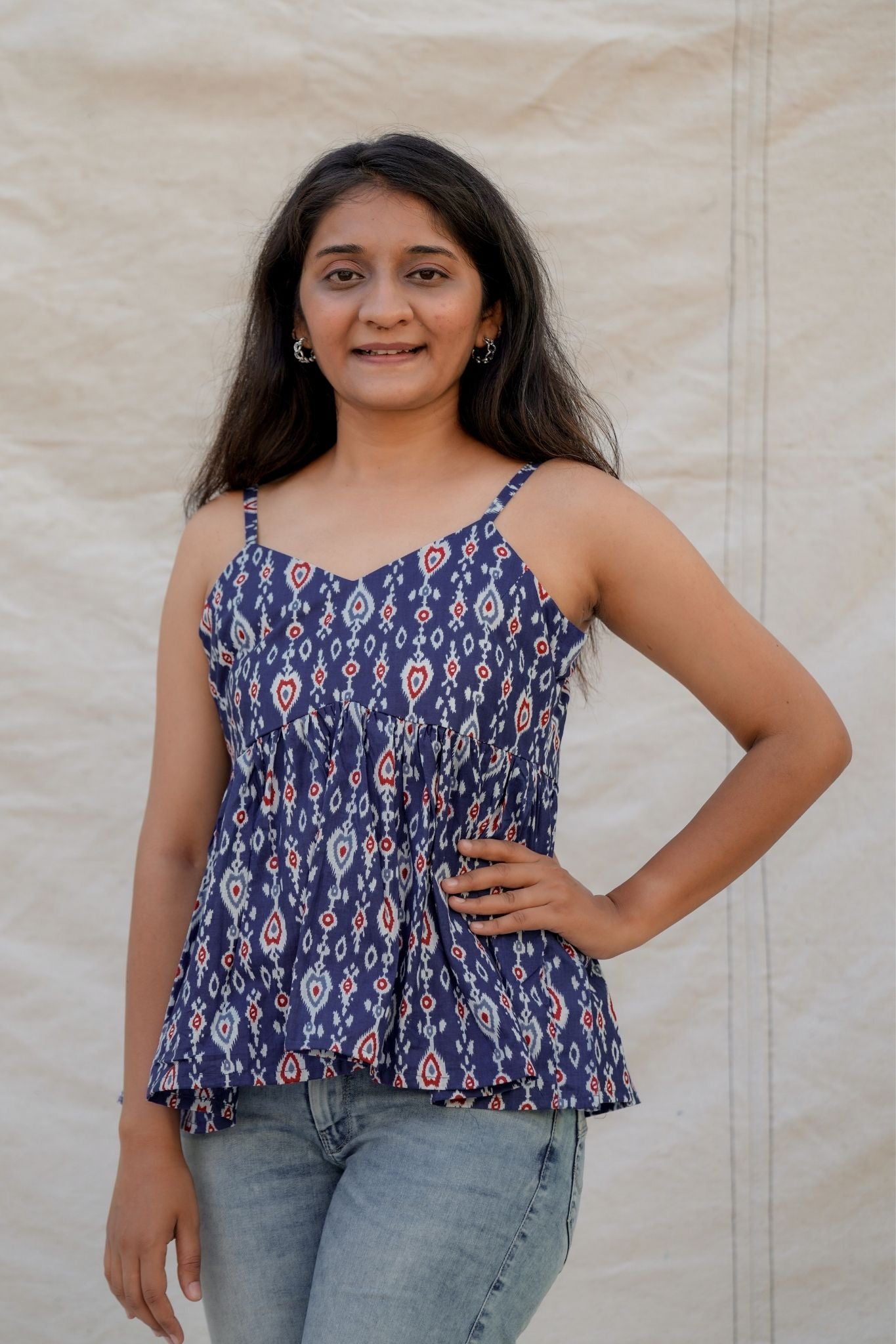 Mirabel Blue Geometry Spaghetti Cotton Top