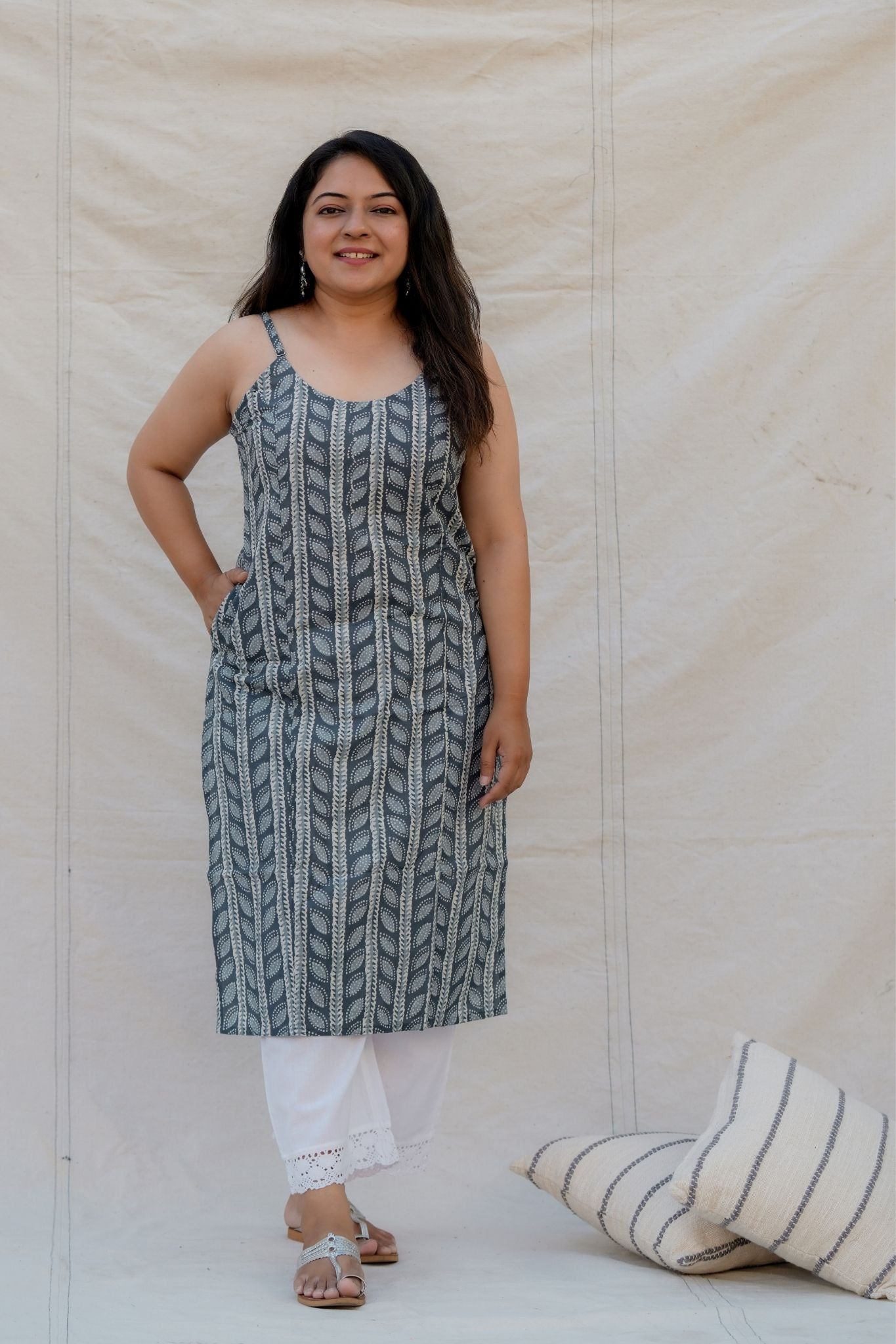 Scrabble Grey Chevron Spaghetti Straight Cotton Kurta