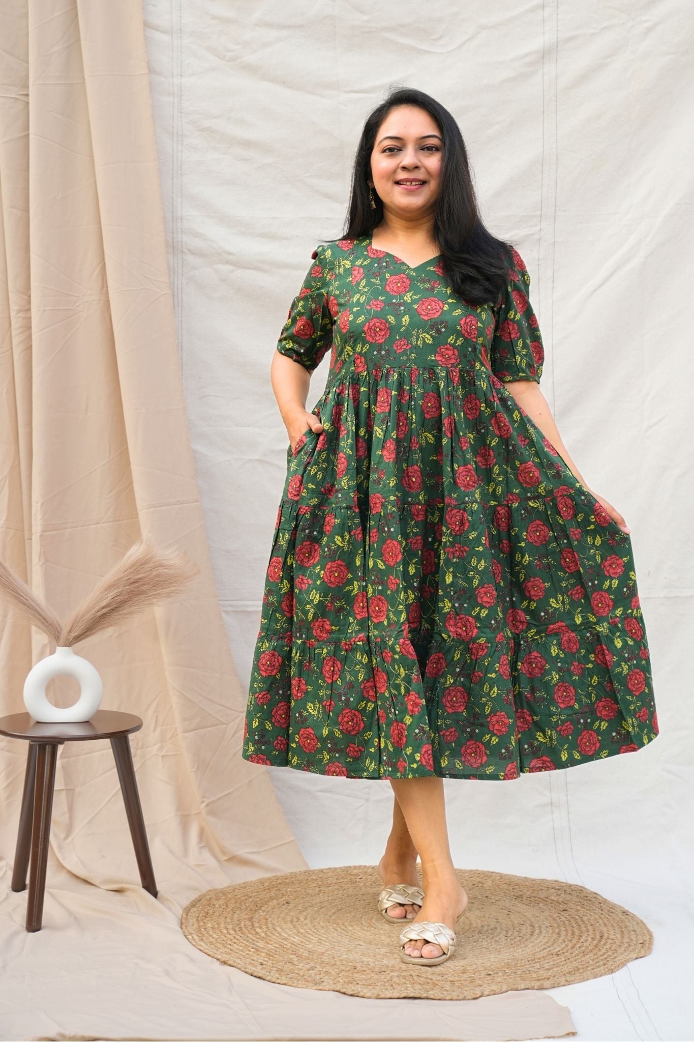 Dark Green Maternity and Feeding Dress with Pocket