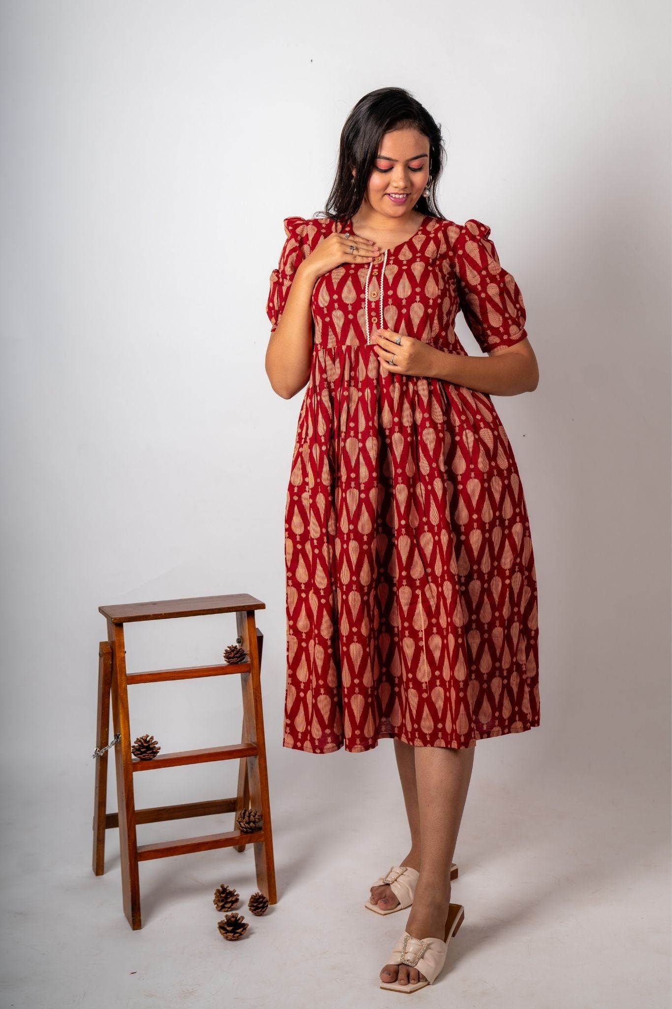 Brick Red Puffed Sleeves and round neck Maternity Dress