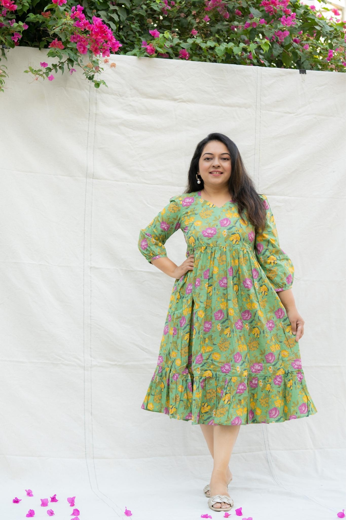 Pastel Green floral Midi Dress