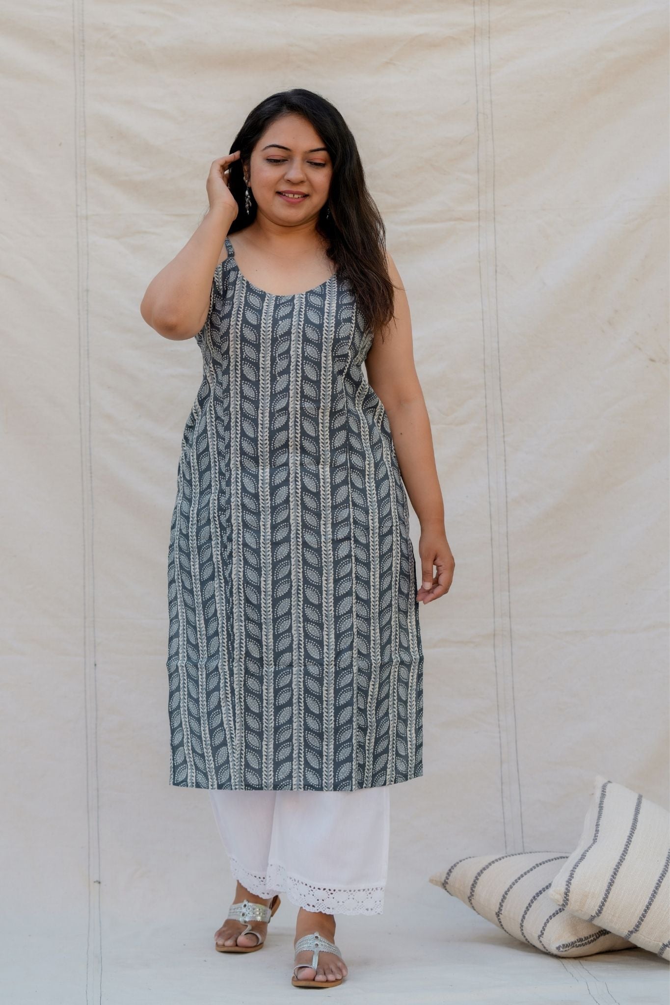 Scrabble Grey Chevron Spaghetti Straight Cotton Kurta