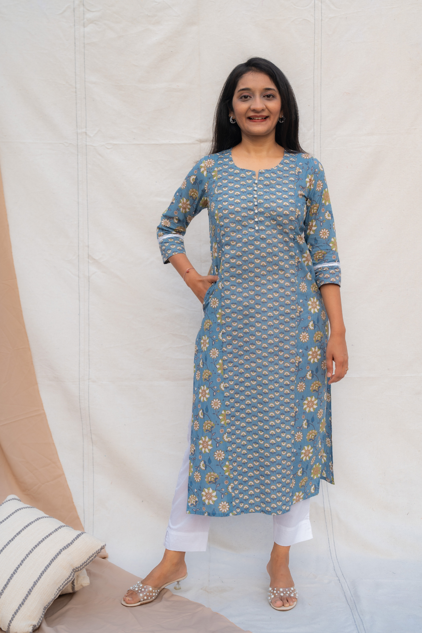 Reva Blue Maternity and Nursing Cotton Kurta