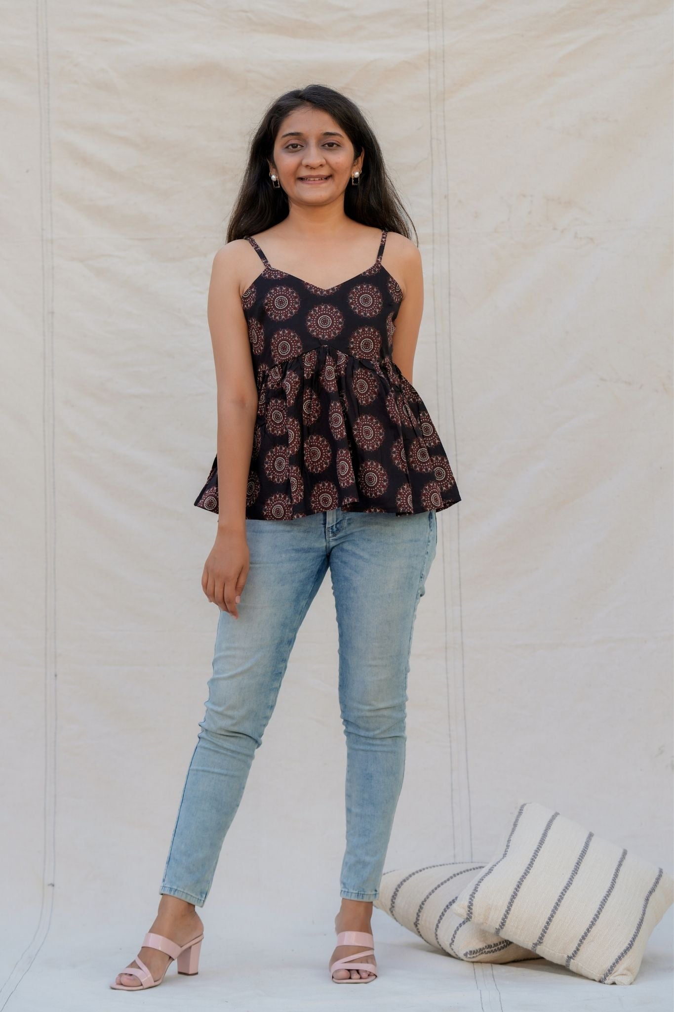 Bambi Black Geometry Spaghetti Cotton Top