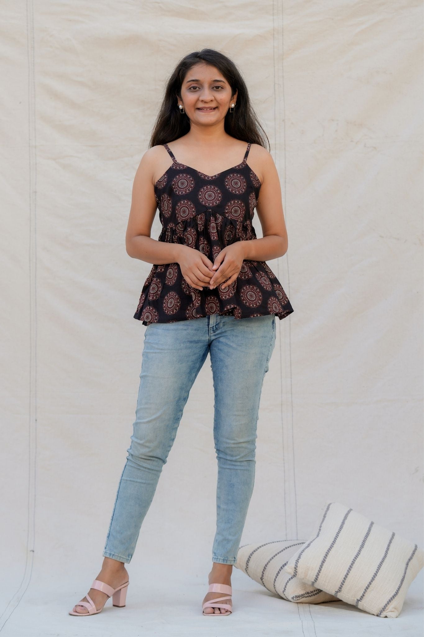 Bambi Black Geometry Spaghetti Cotton Top