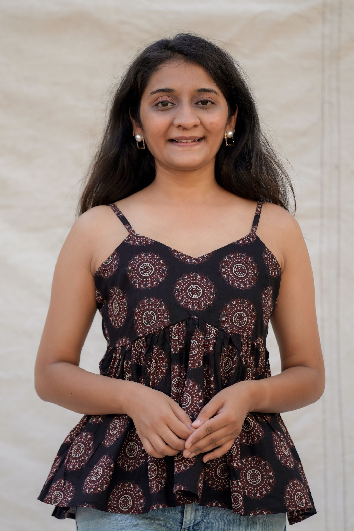 Bambi Black Geometry Spaghetti Cotton Top