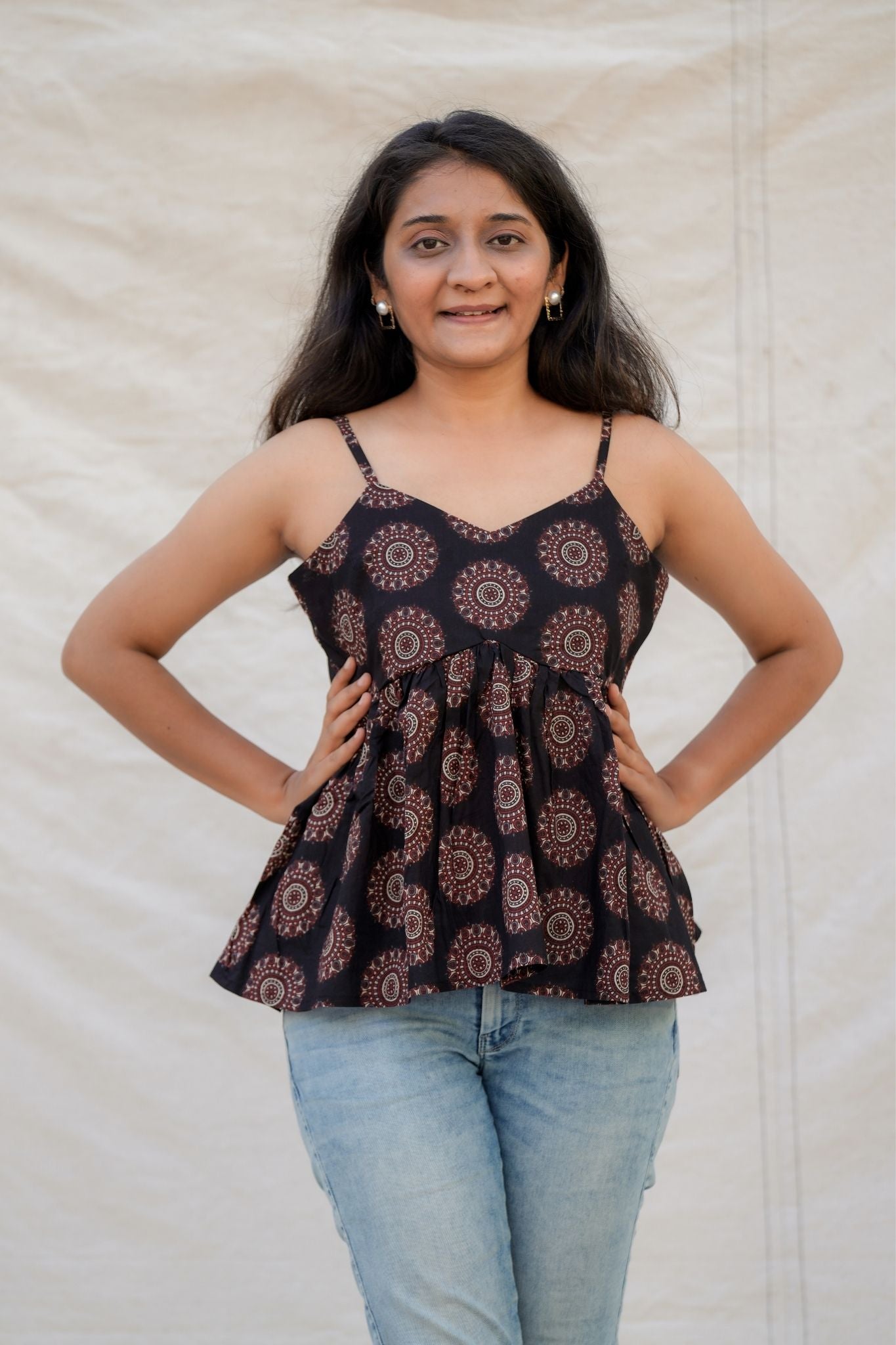 Bambi Black Geometry Spaghetti Cotton Top