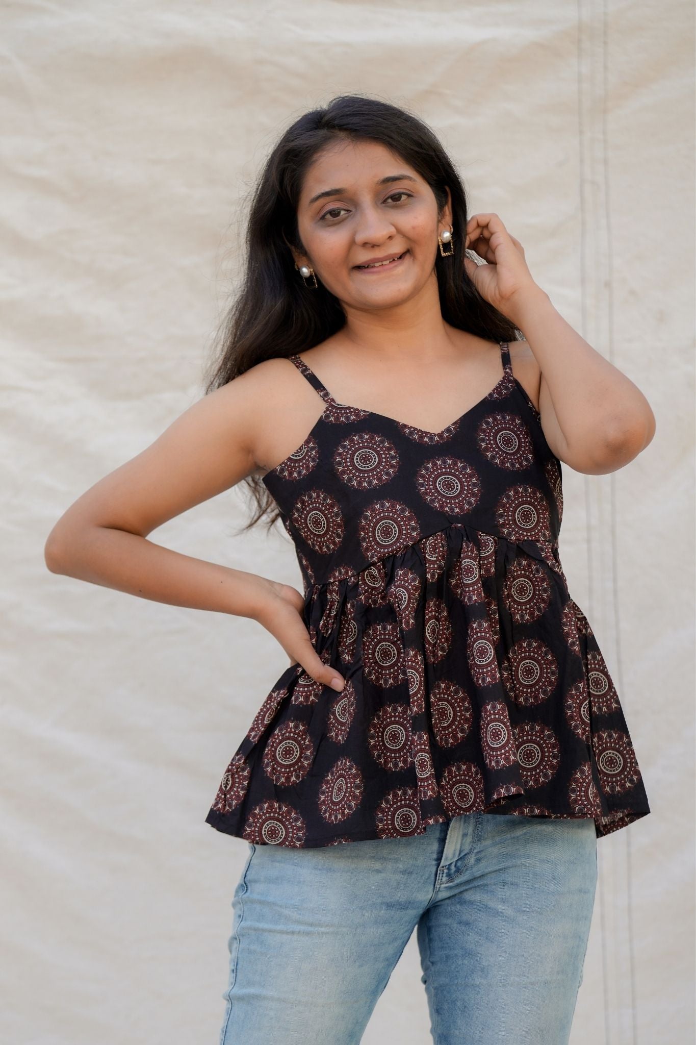 Bambi Black Geometry Spaghetti Cotton Top