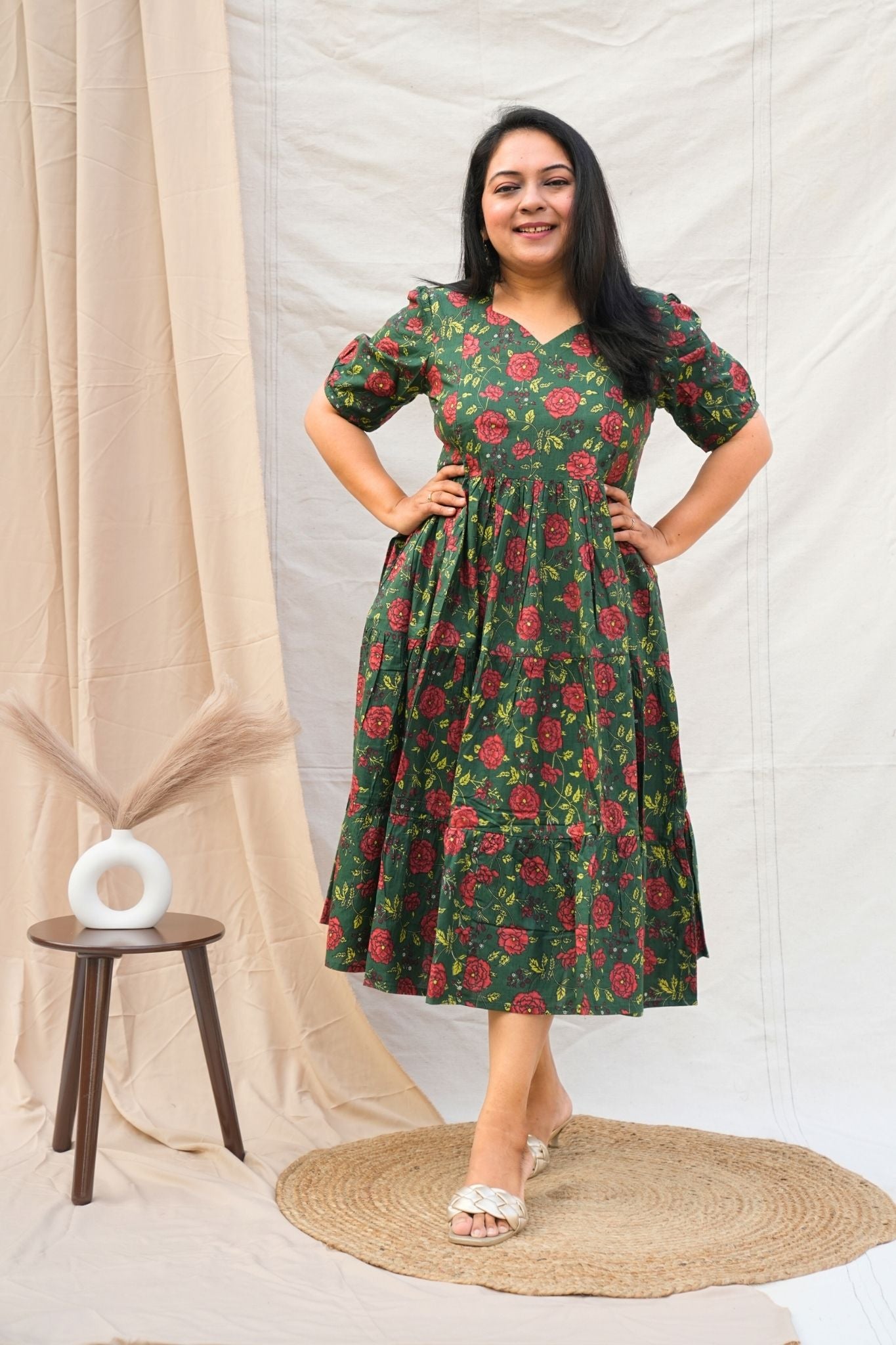 Dark Green Midi Length Maternity Dress with gathers