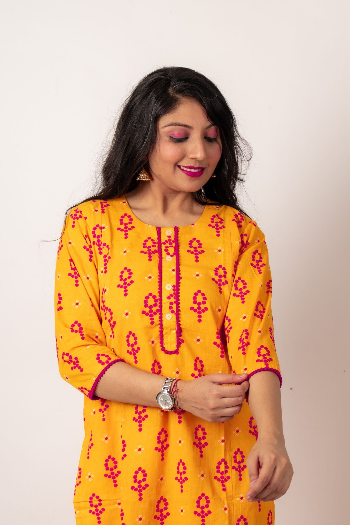 Yellow Three fourth Sleeves Maternity Kurta