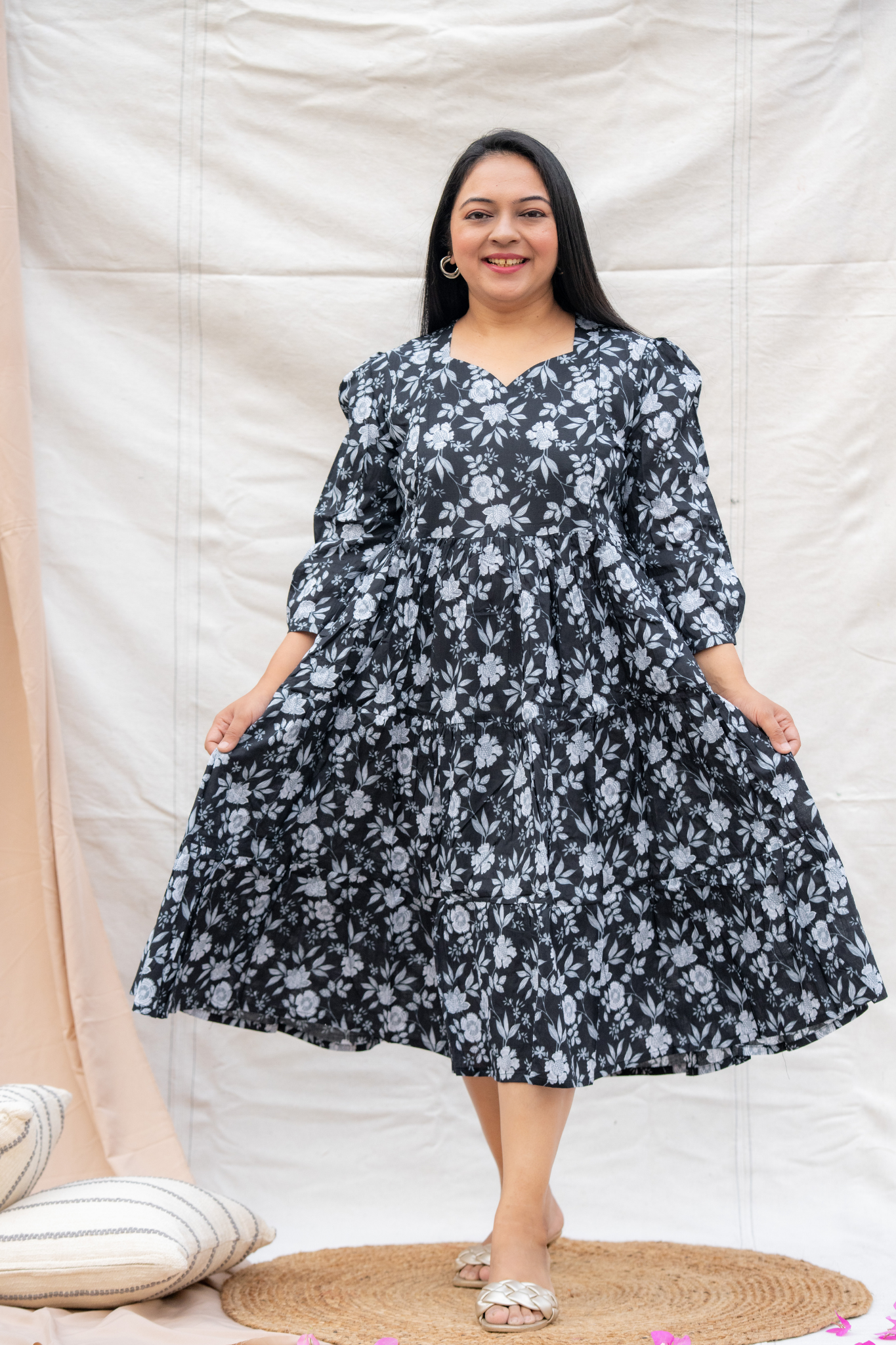 Black Floral Print and Midi Length Maternity Dress