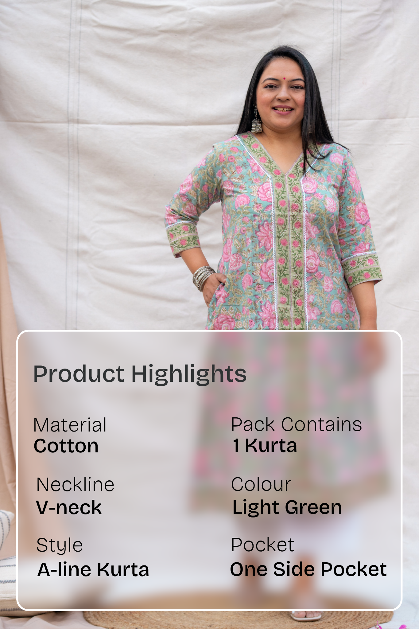 Gauhar Light Green Handblock A-Line Cotton Kurta