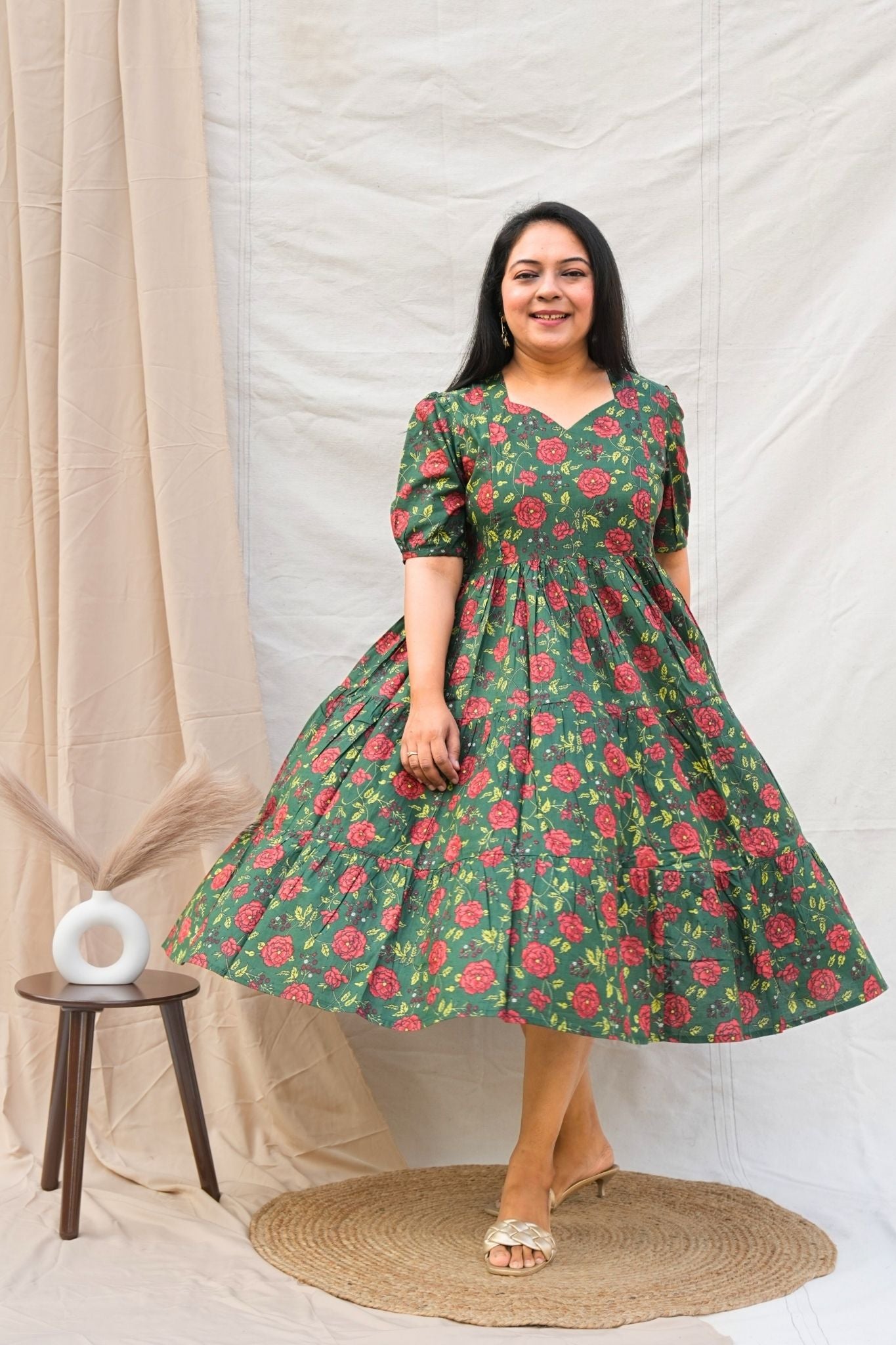 Dark Green Puffed elbow Sleeves Maternity Dress