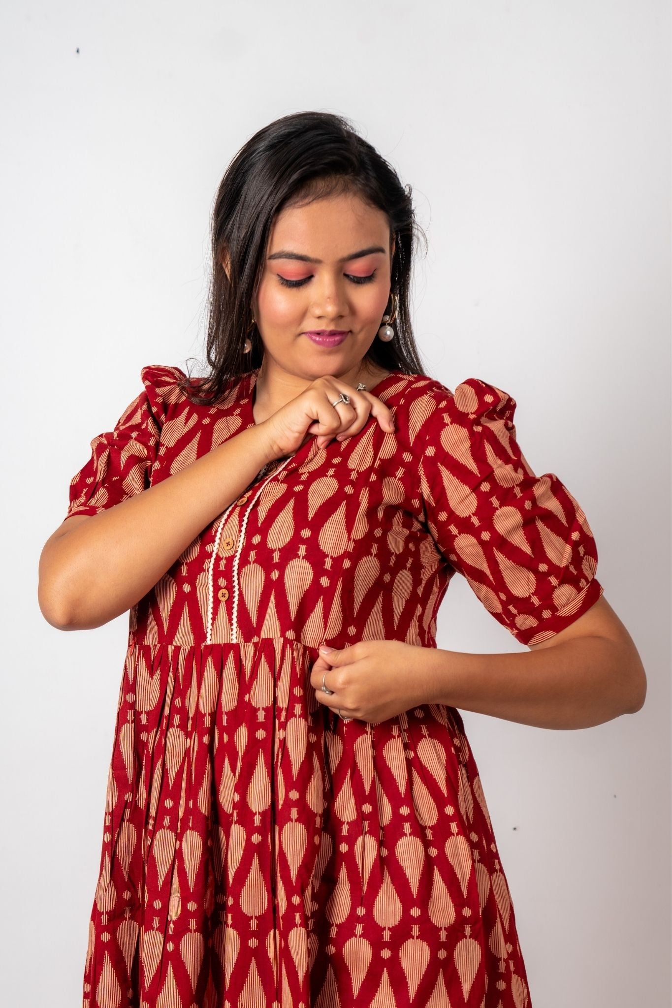 Brick Red Maternity Dress With Zippers