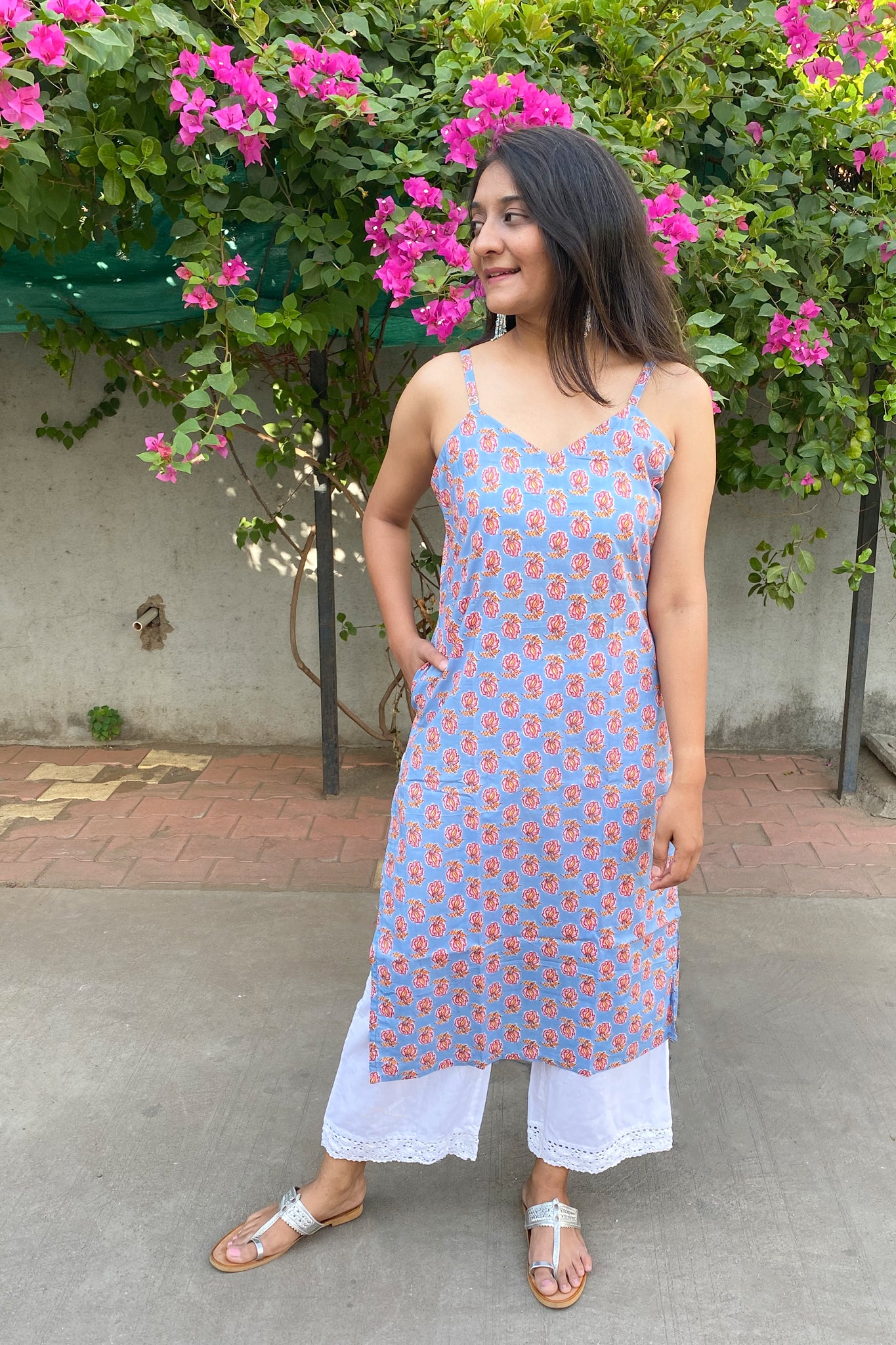 Domino Pastel Blue Floral Spaghetti Straight Cotton Kurta