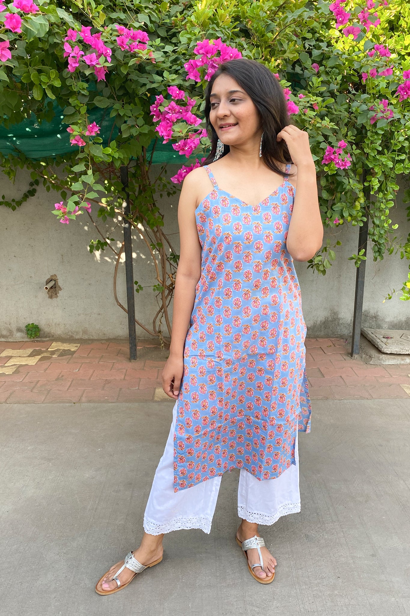 Domino Pastel Blue Floral Spaghetti Straight Cotton Kurta