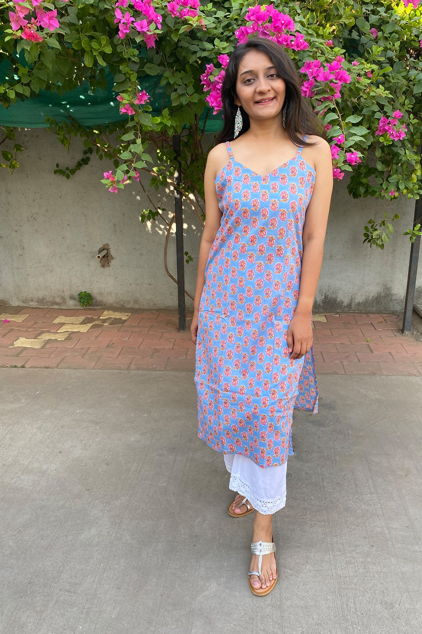 Domino Pastel Blue Floral Spaghetti Straight Cotton Kurta