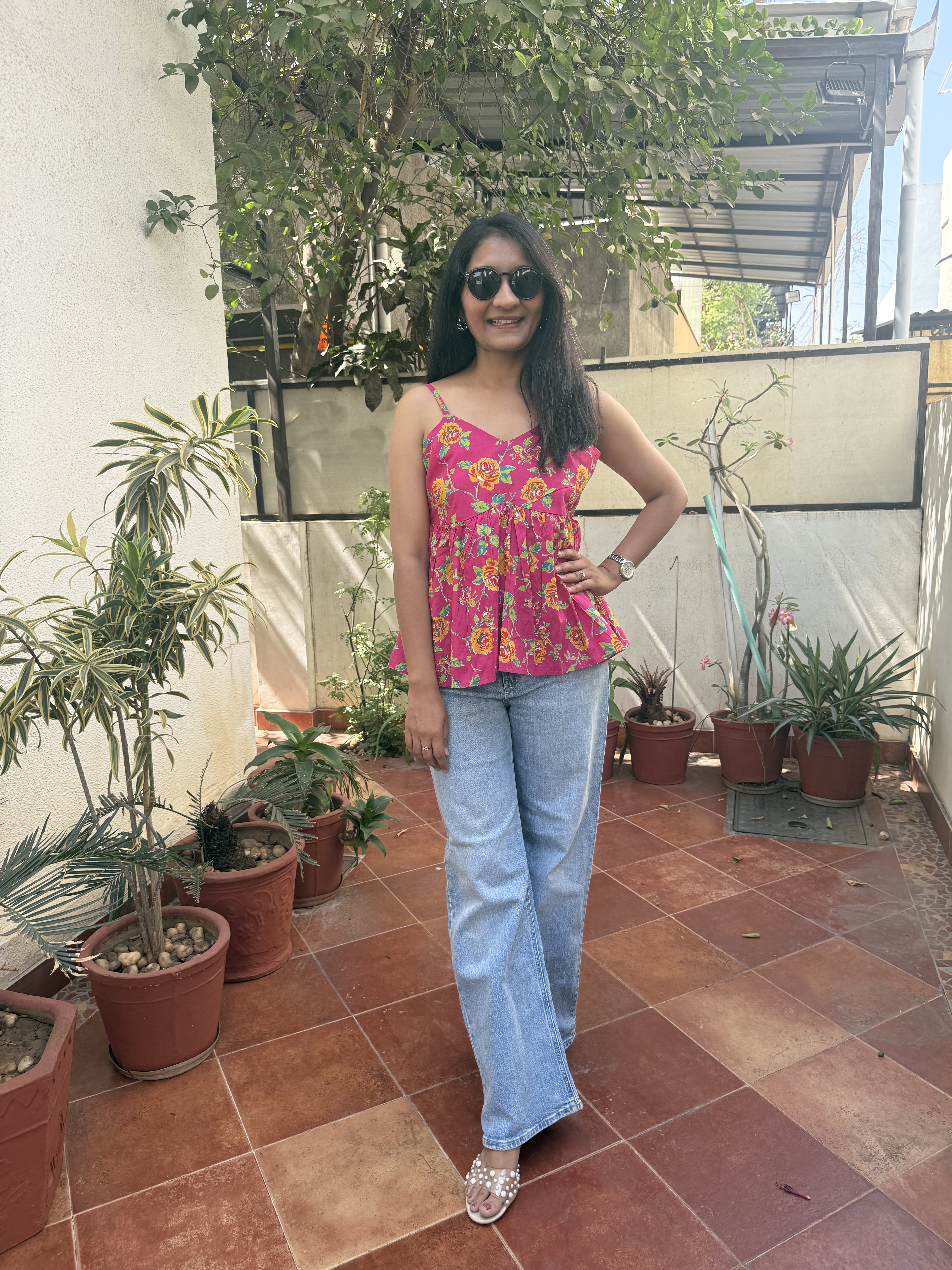 Mary Poppins Pink Floral Spaghetti Cotton Top