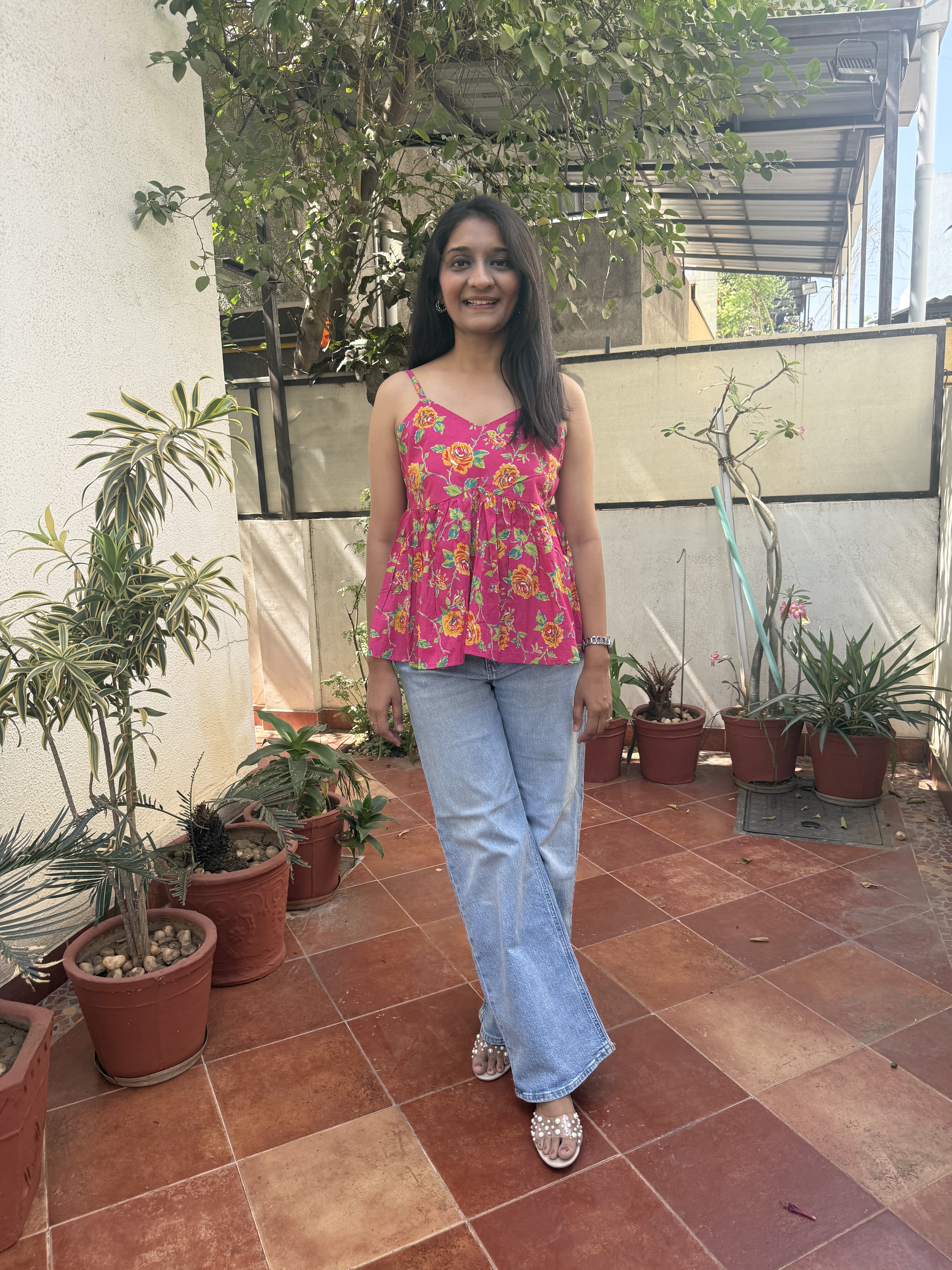Mary Poppins Pink Floral Spaghetti Cotton Top