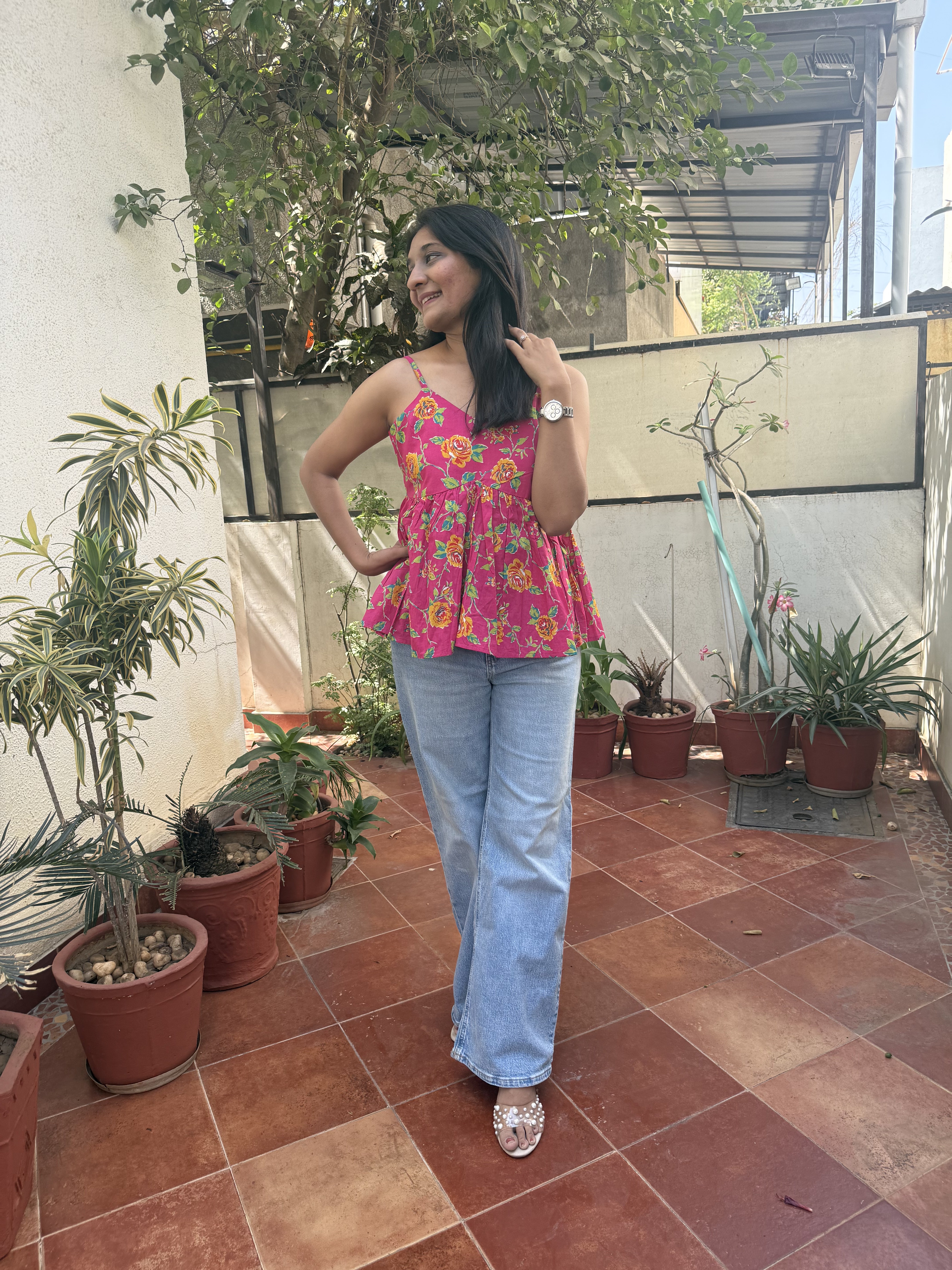 Mary Poppins Pink Floral Spaghetti Cotton Top