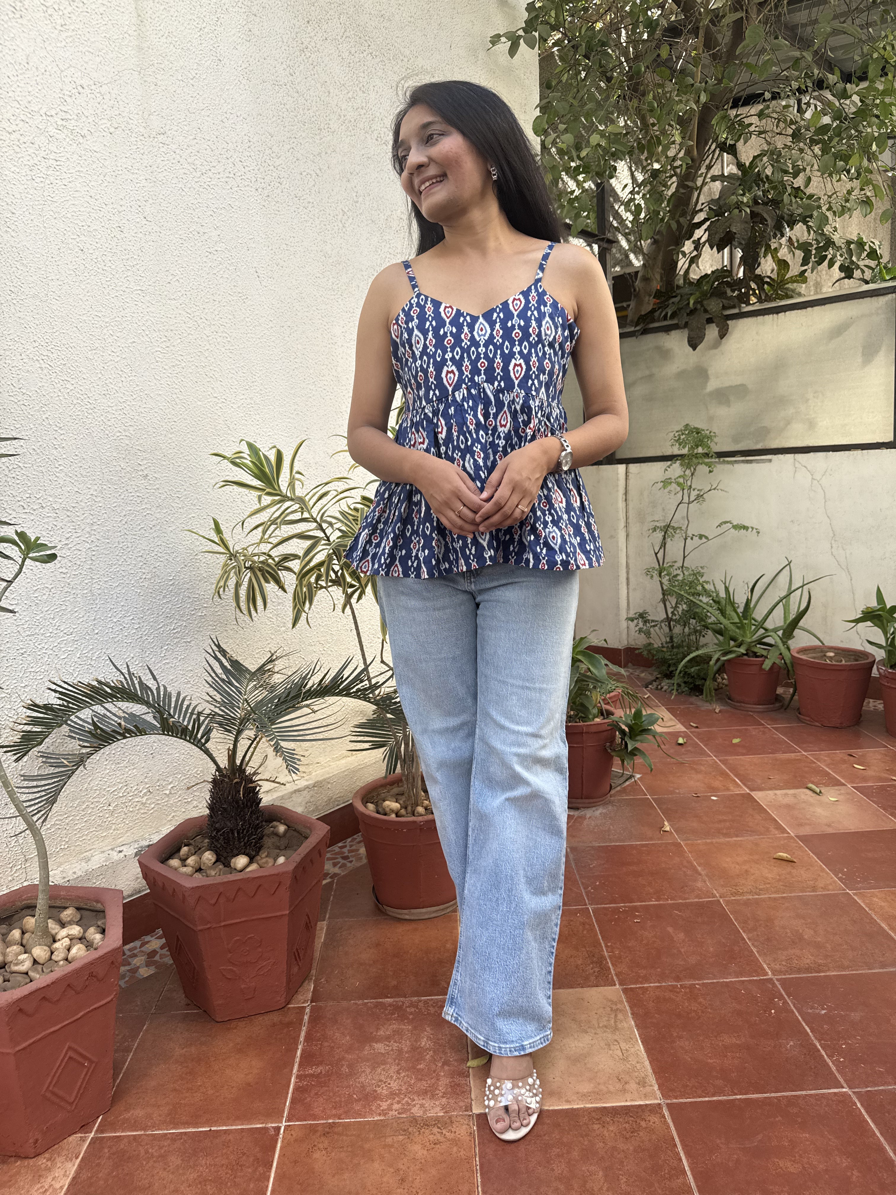 Mirabel Blue Geometry Spaghetti Cotton Top