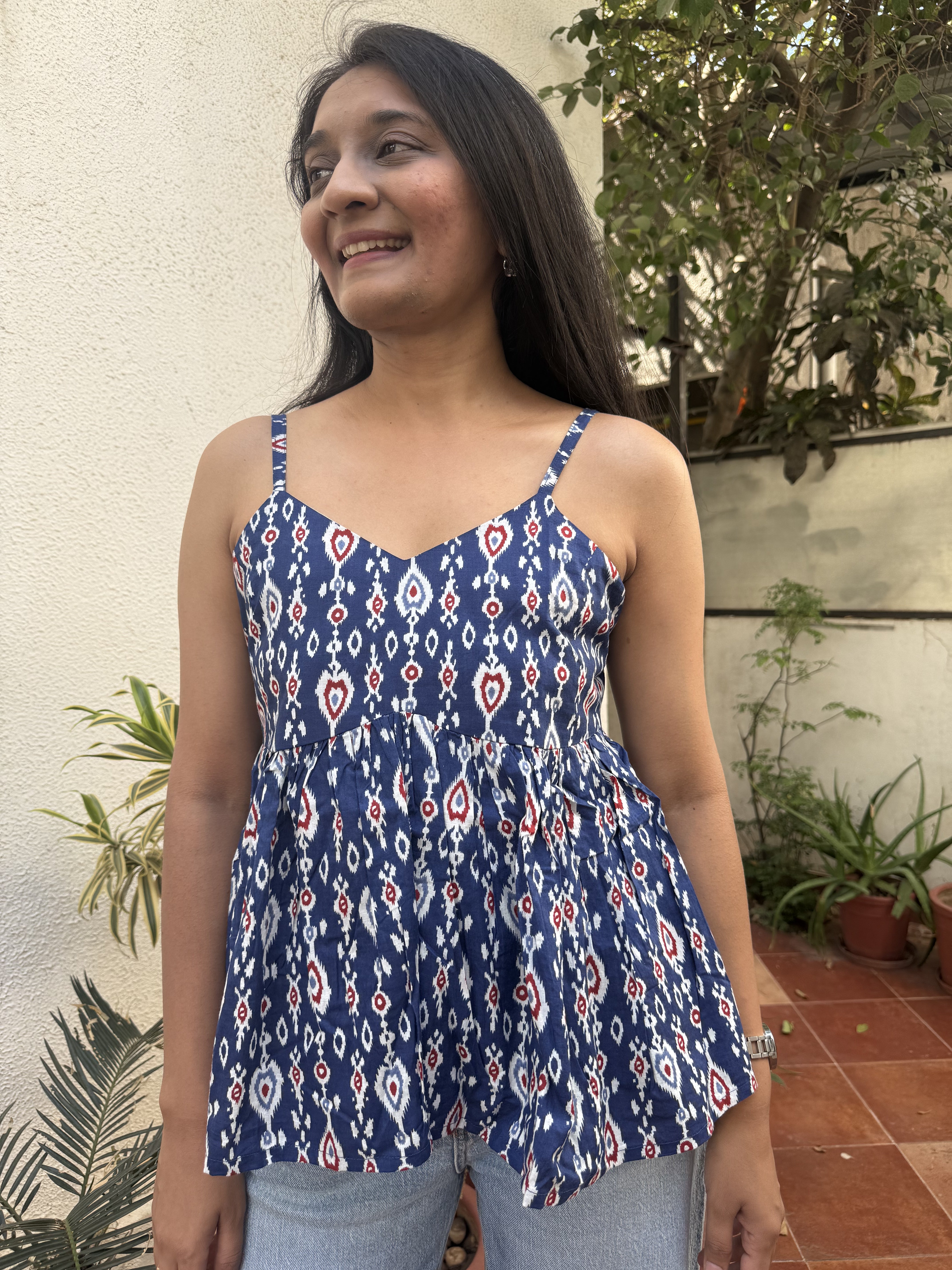 Mirabel Blue Geometry Spaghetti Cotton Top