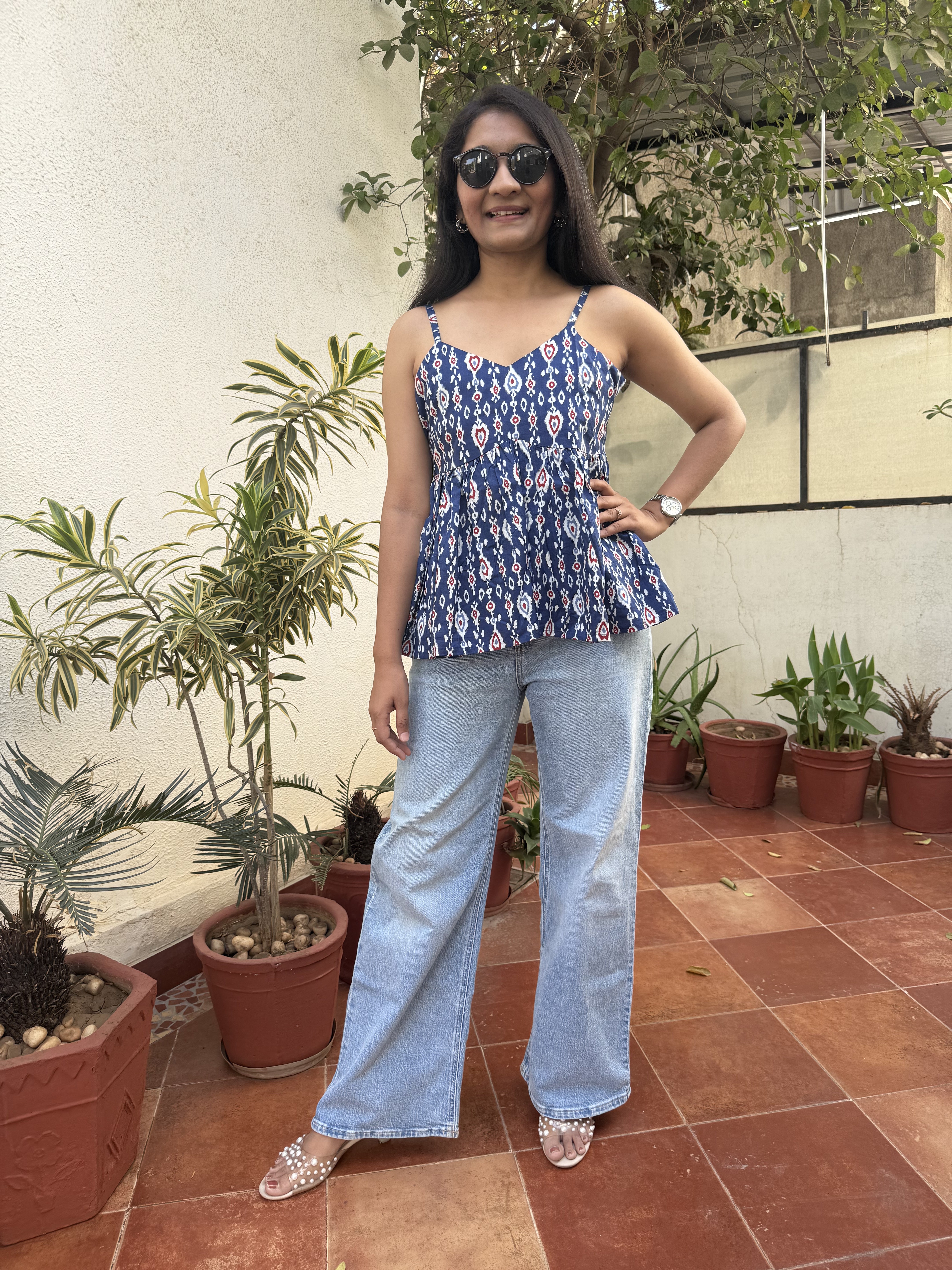 Mirabel Blue Geometry Spaghetti Cotton Top