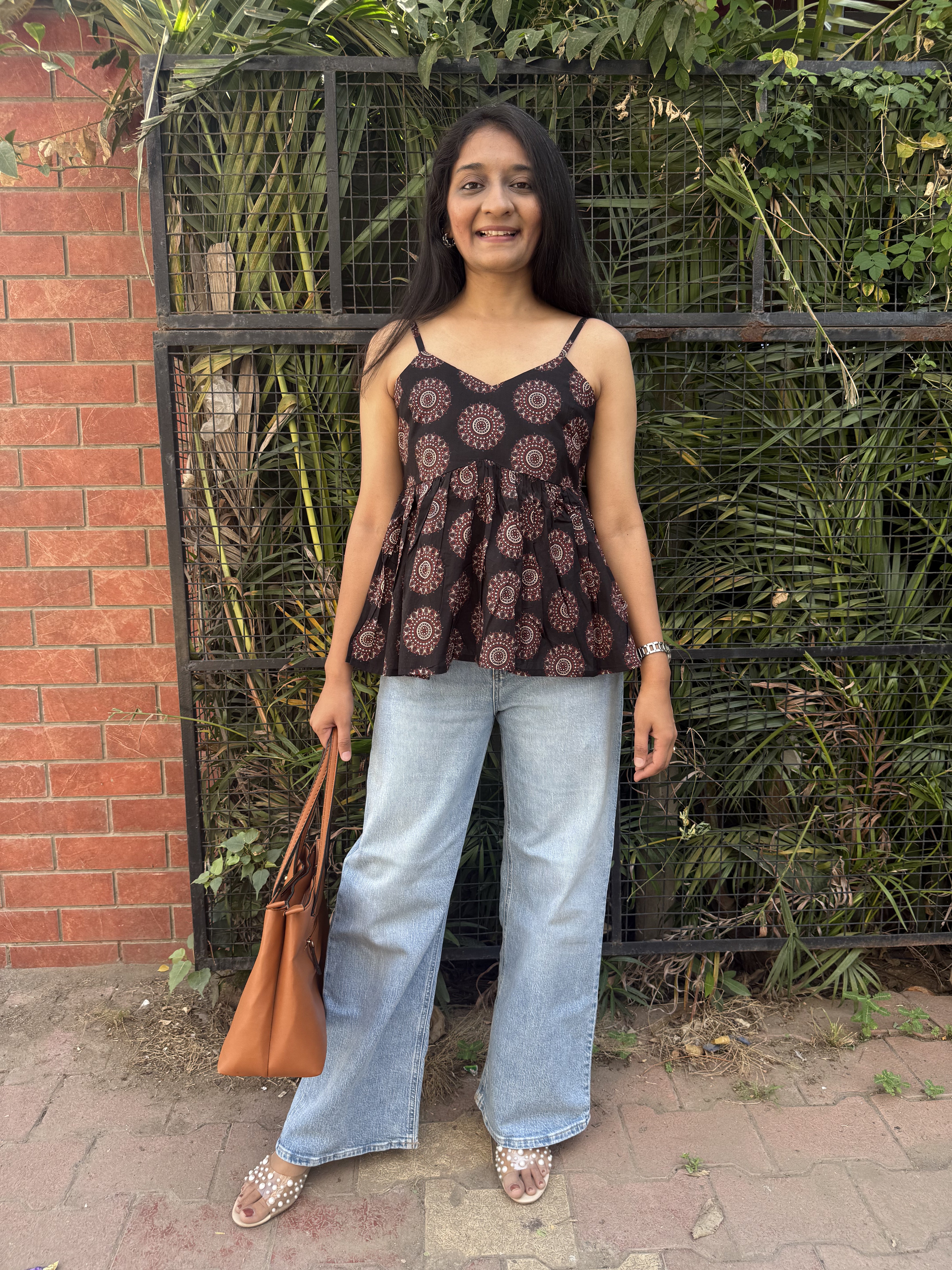 Bambi Black Geometry Spaghetti Cotton Top