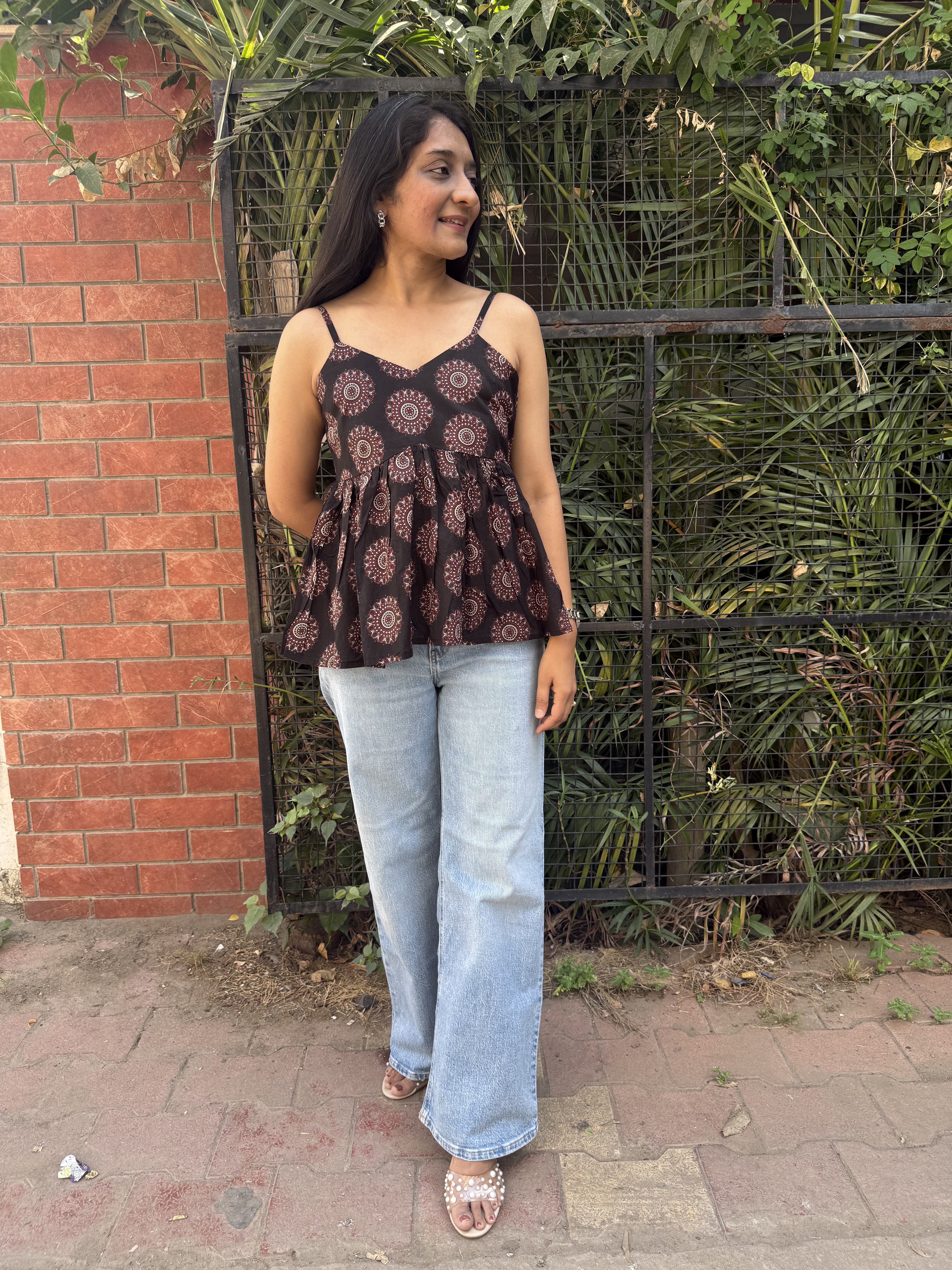 Bambi Black Geometry Spaghetti Cotton Top