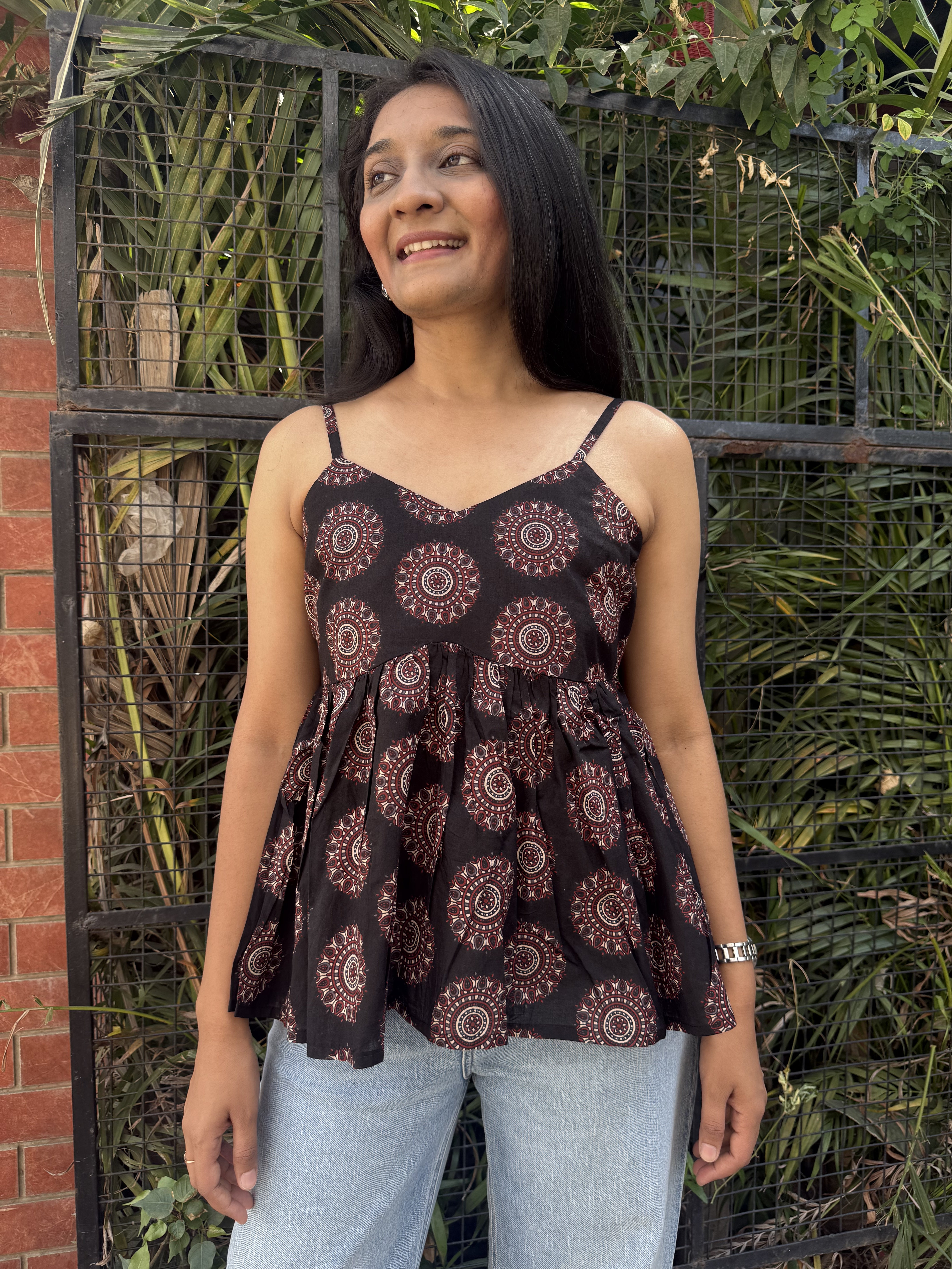 Bambi Black Geometry Spaghetti Cotton Top