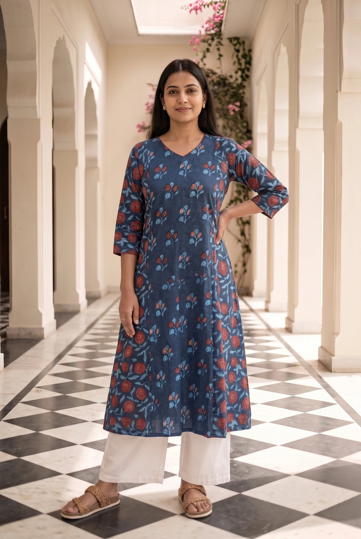 Indira Blue Floral Maternity and Feeding A line Cotton Kurta