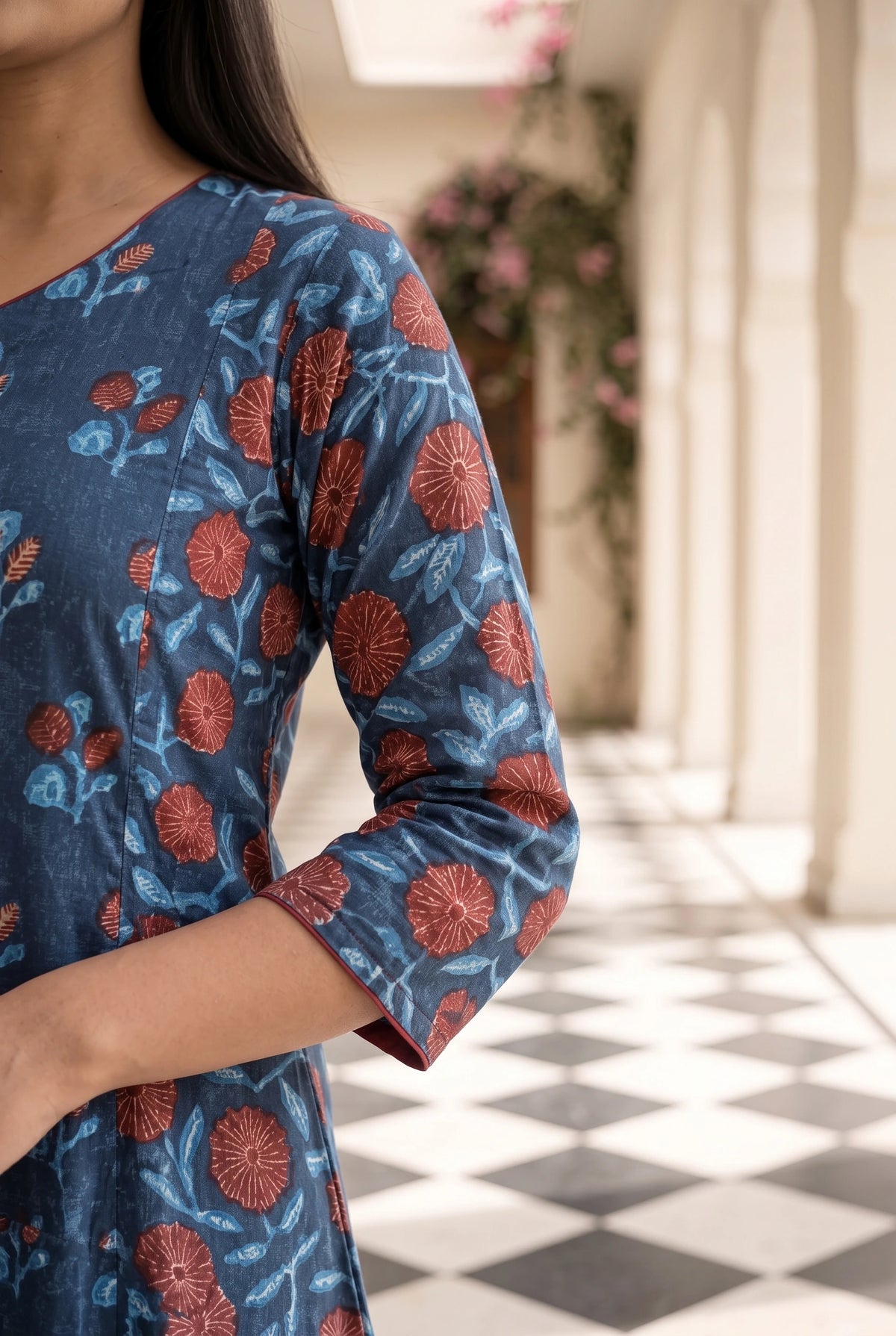 Indira Blue Floral Maternity and Feeding A line Cotton Kurta