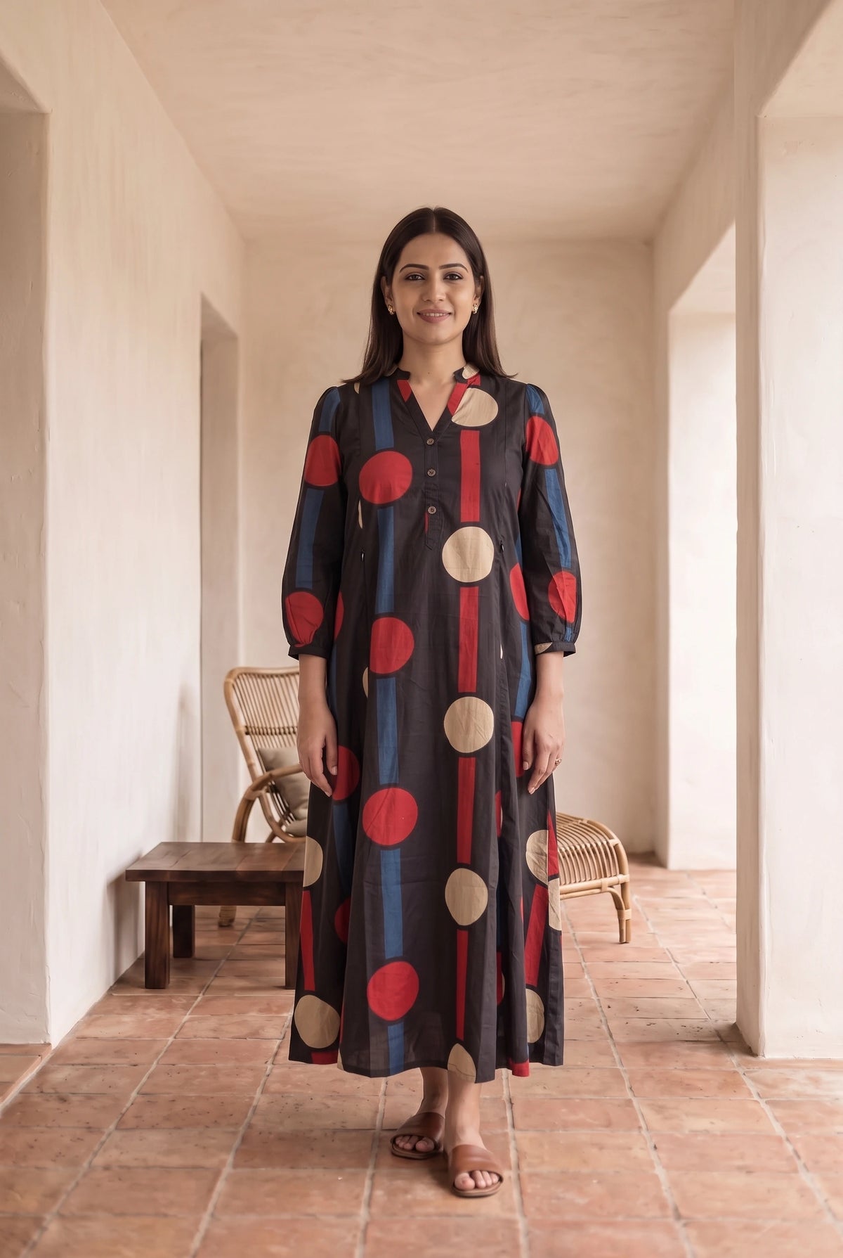 Kanak Black Dots Maternity and Feeding A Line Cotton Dress