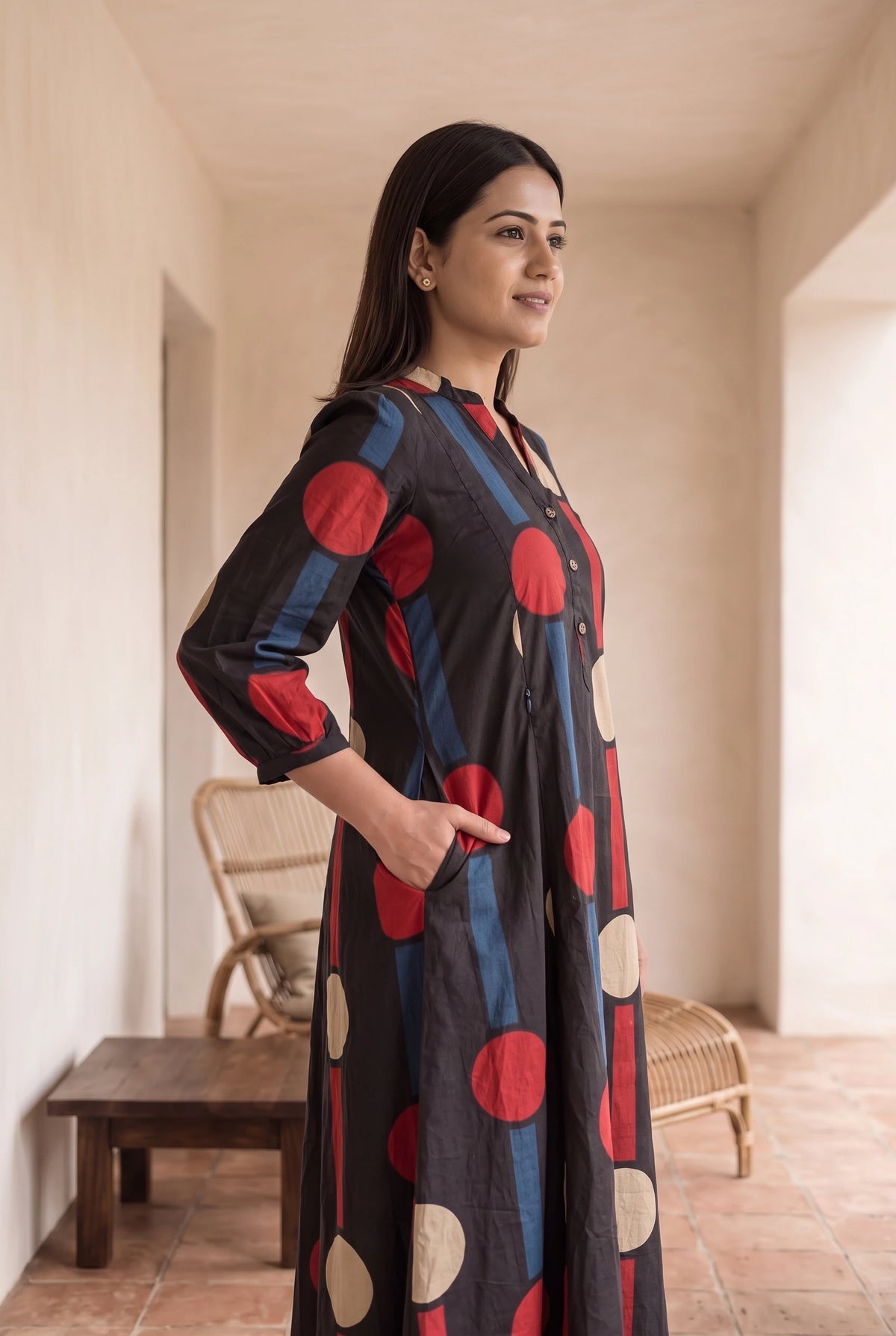 Kanak Black Dots Maternity and Feeding A Line Cotton Dress