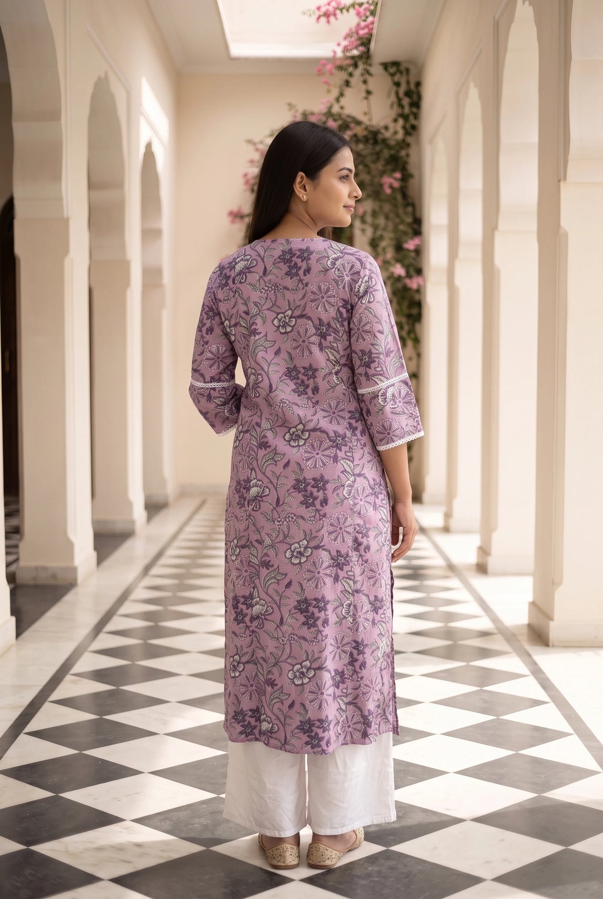 Lalita Purple Maternity and Feeding Floral Straight cut Cotton Kurta