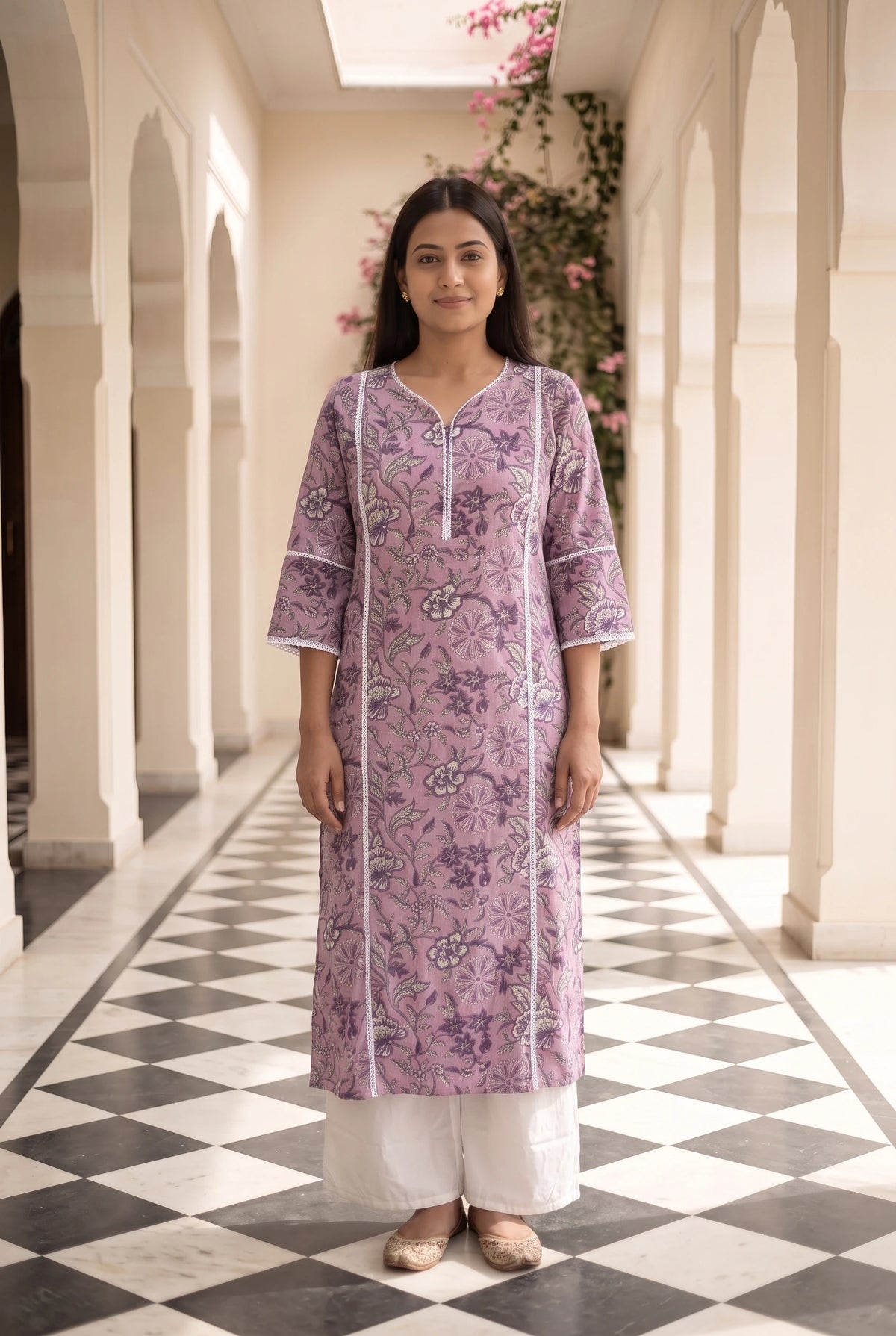 Lalita Purple Maternity and Feeding Floral Straight cut Cotton Kurta