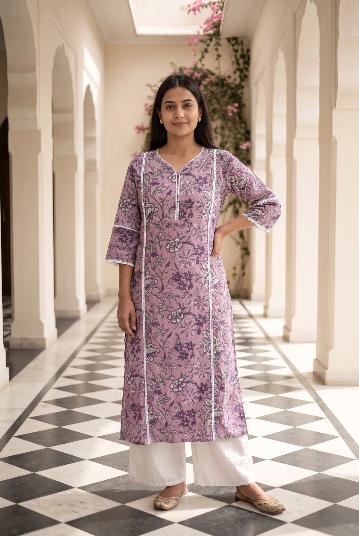 Lalita Purple Maternity and Feeding Floral Straight cut Cotton Kurta