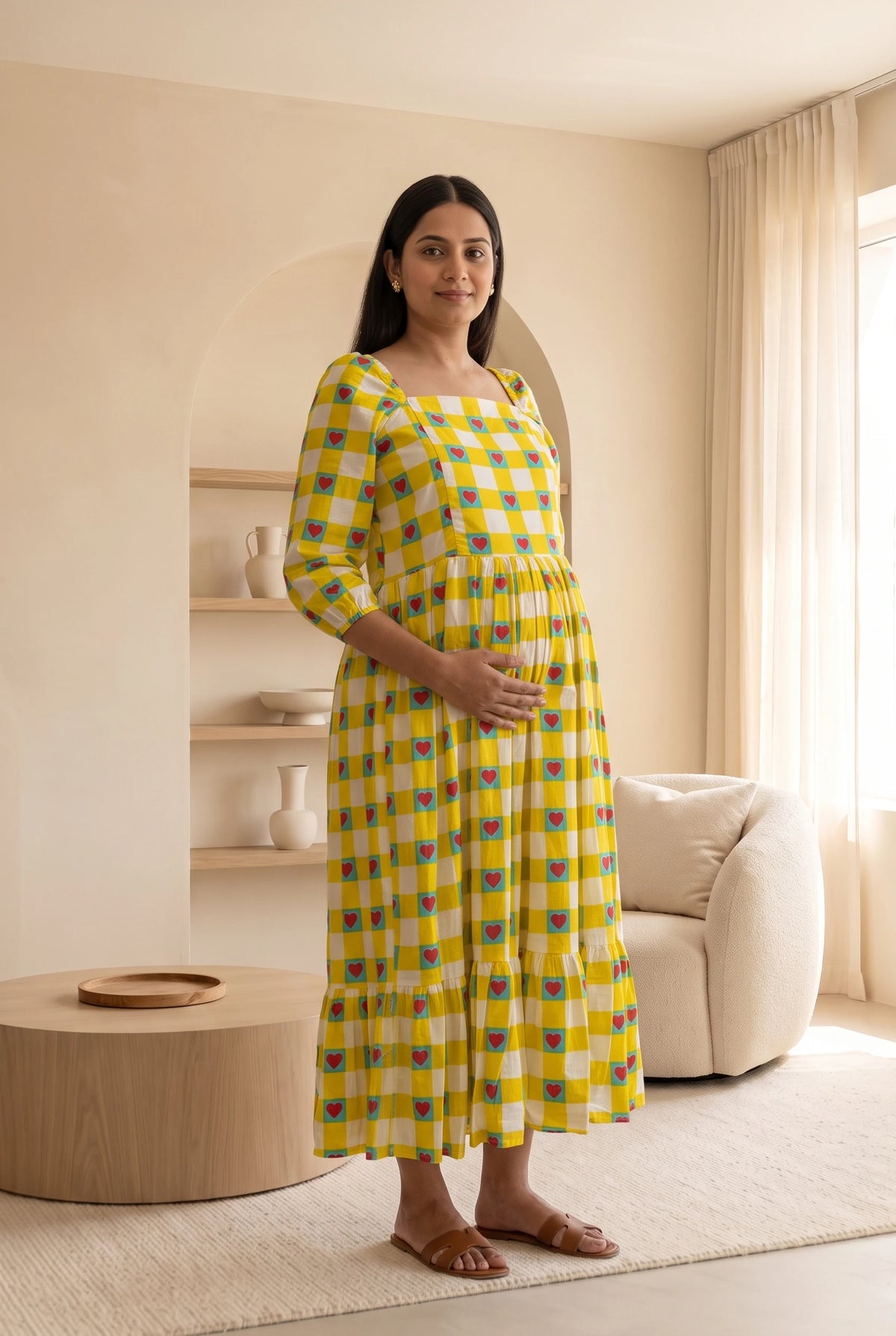 Mishti Yellow Printed Maternity and Feeding Flared Cotton Dress with Cotton Lining