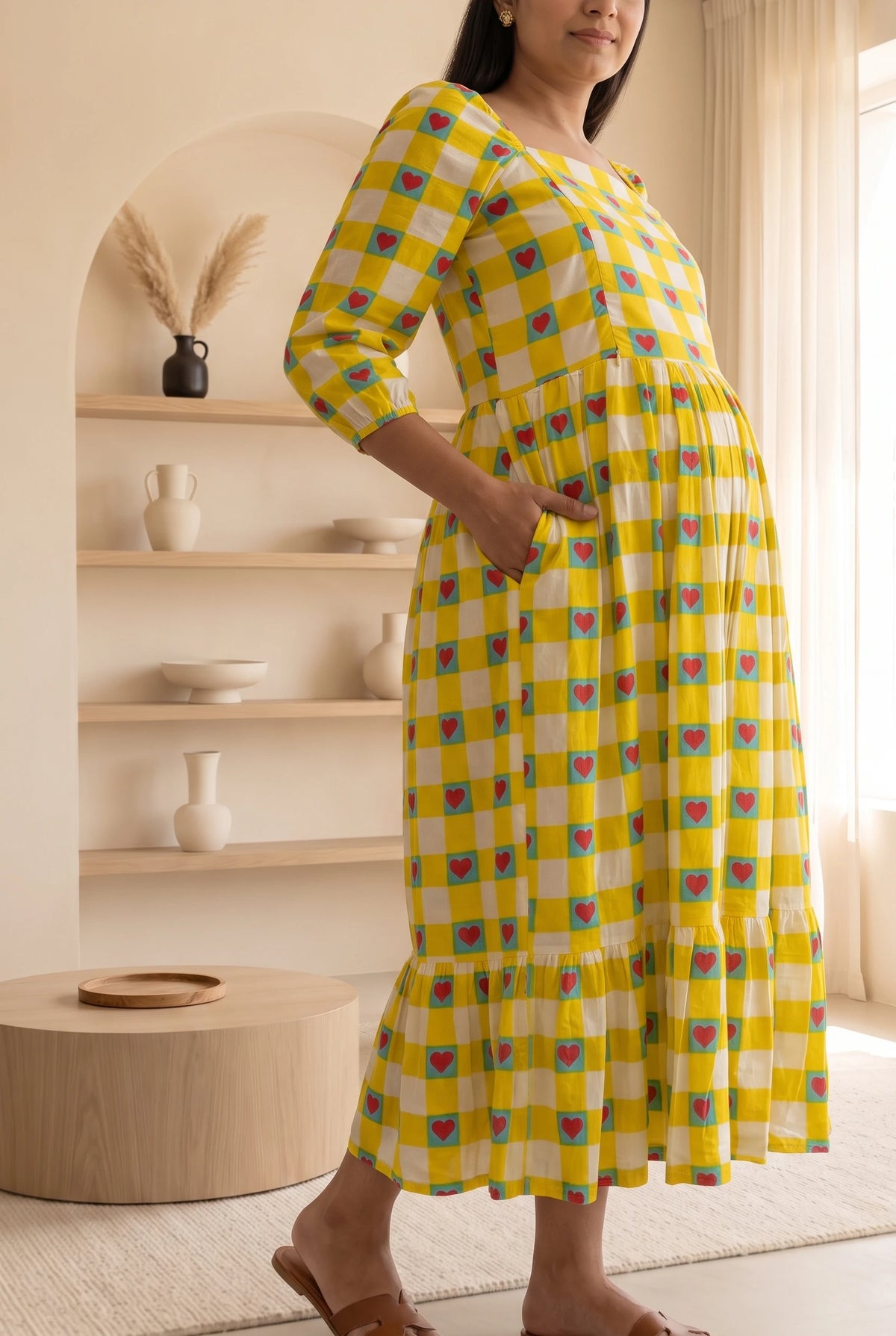 Mishti Yellow Printed Maternity and Feeding Flared Cotton Dress with Cotton Lining