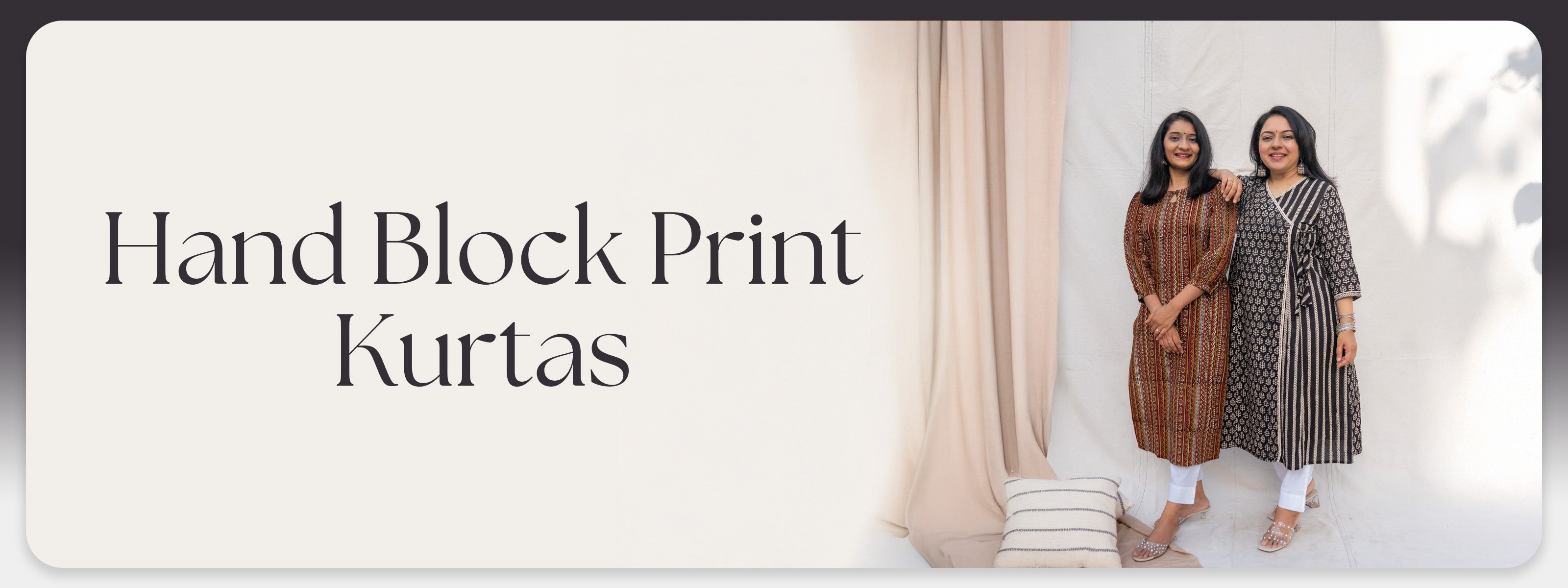 Two women wearing hand block print kurtas with text Hand Block Print Kurtas on a white background.