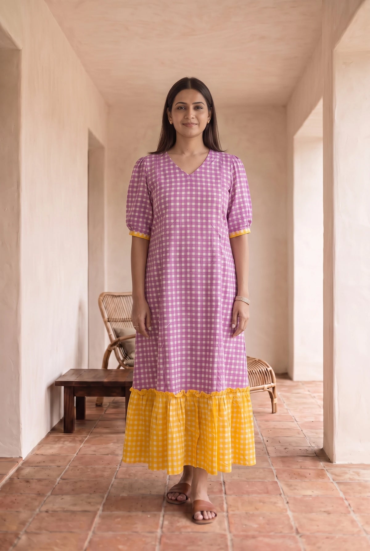 Satya Purple and Yellow Checks Maternity and Feeding A Line Cotton Dress