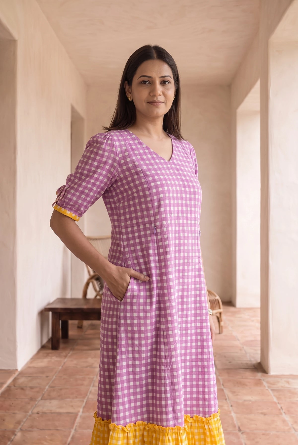 Satya Purple and Yellow Checks Maternity and Feeding A Line Cotton Dress