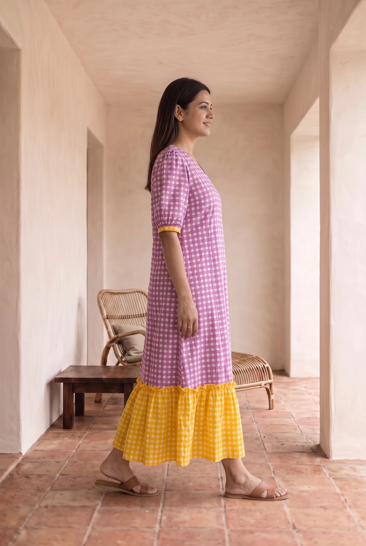Satya Purple and Yellow Checks Maternity and Feeding A Line Cotton Dress