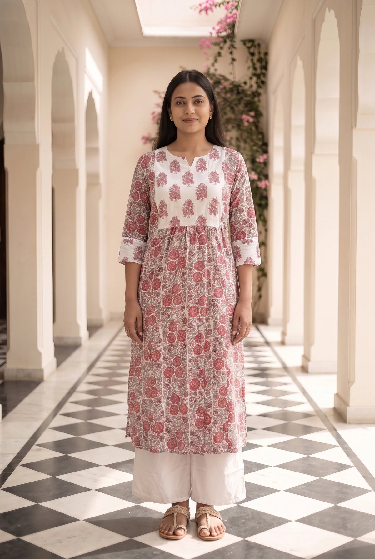 Sudha White Printed Maternity and Feeding Straight cut Cotton Kurta