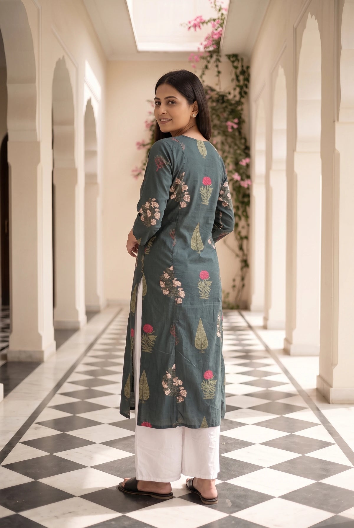 Suhasini Green Floral Maternity and Feeding Straight cut Cotton Kurta
