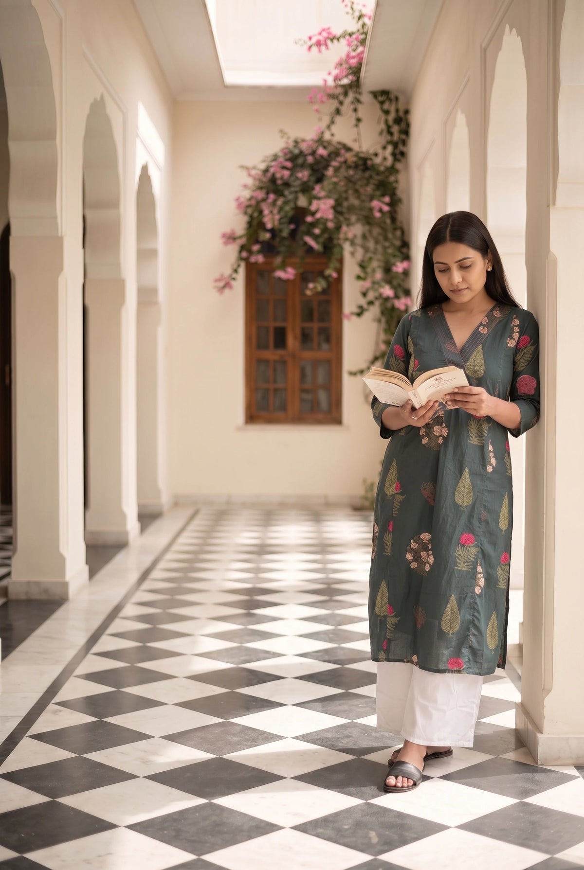 Suhasini Green Floral Maternity and Feeding Straight cut Cotton Kurta