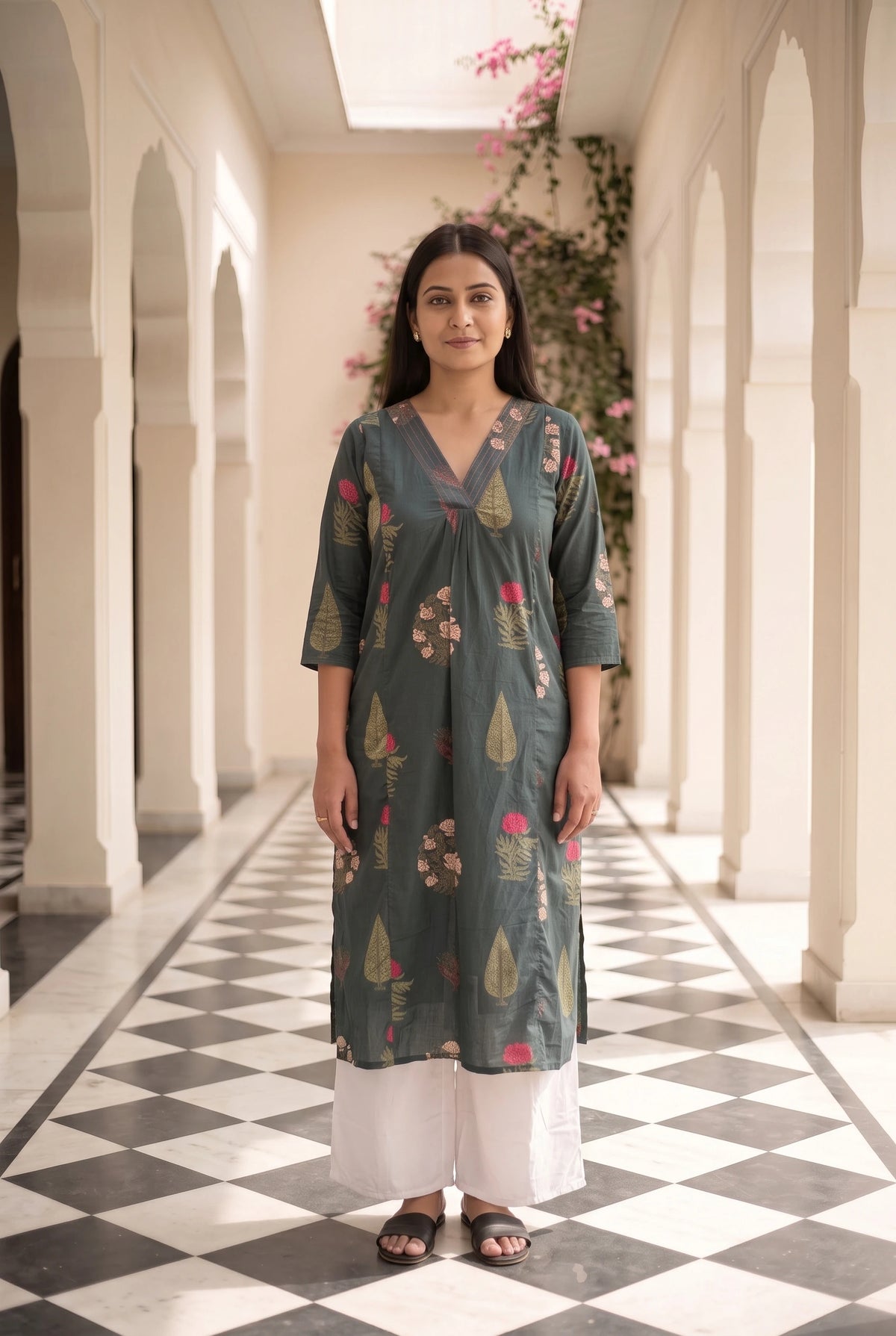 Suhasini Green Floral Maternity and Feeding Straight cut Cotton Kurta